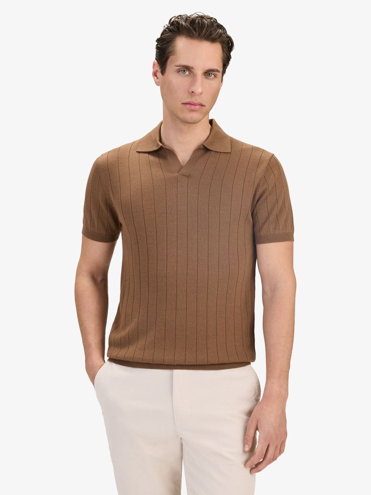 Mid Brown Polo Shirt Slim Fit - Merino Wool - Buy online | John Henric