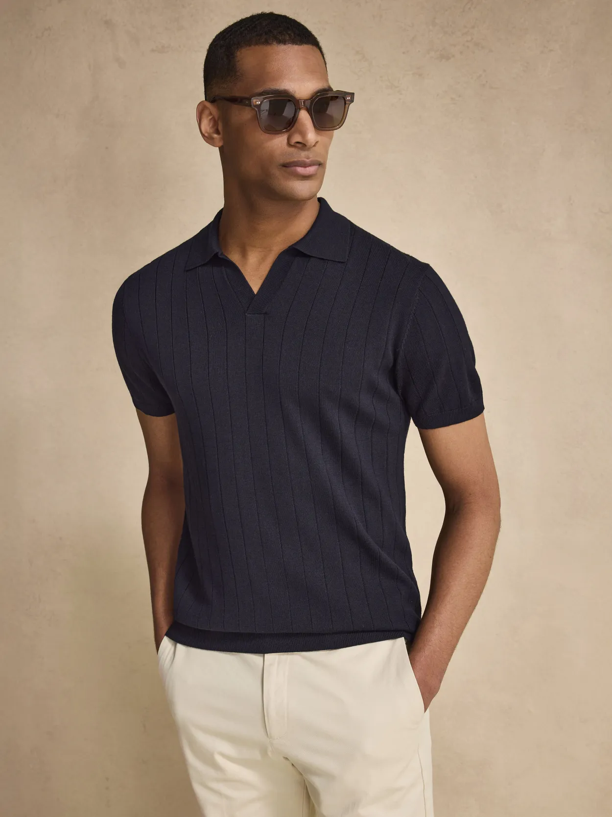 Navy Blue Ribbed Knitted Merino Polo