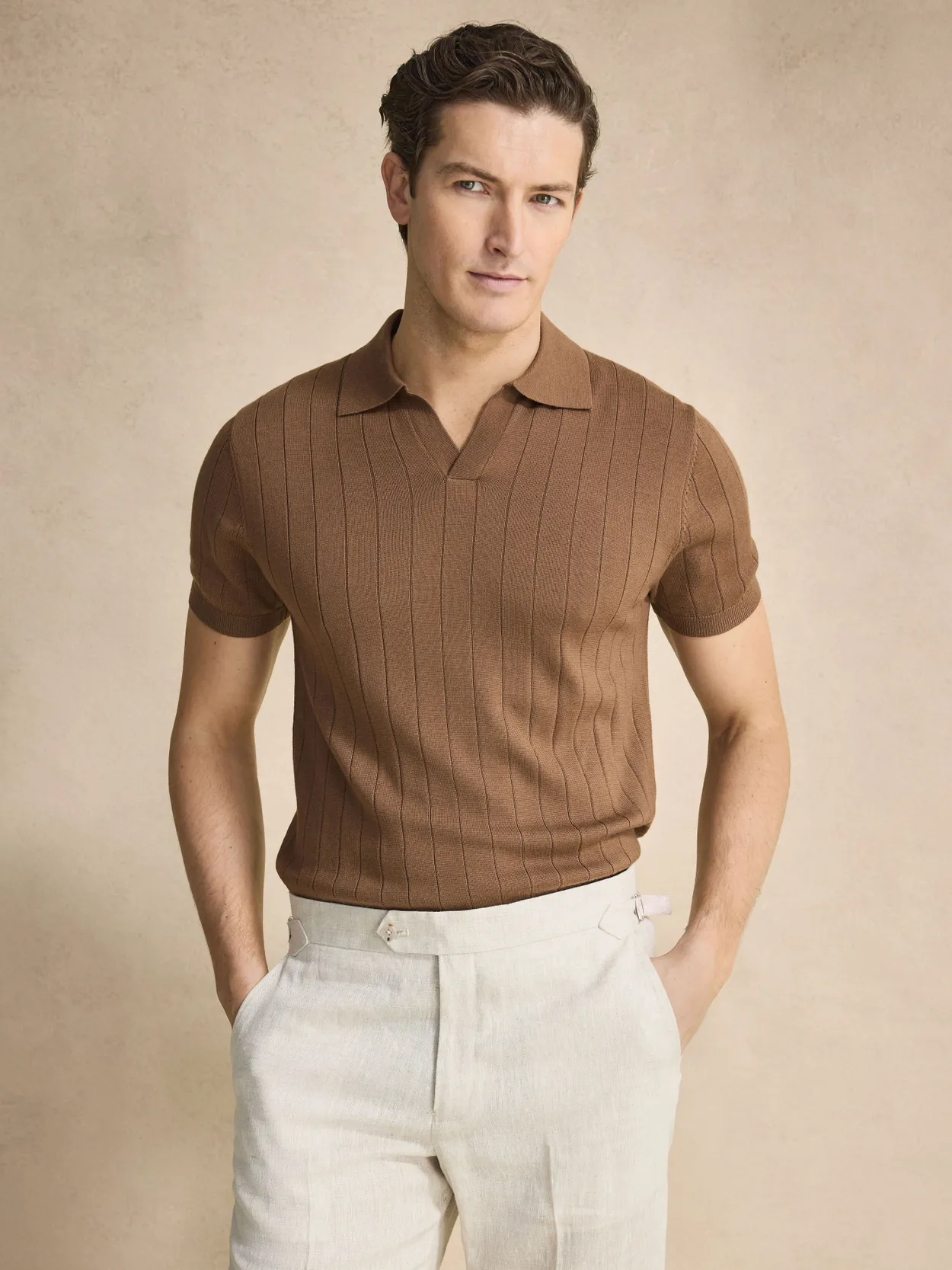 Brown Ribbed Knitted Merino Polo