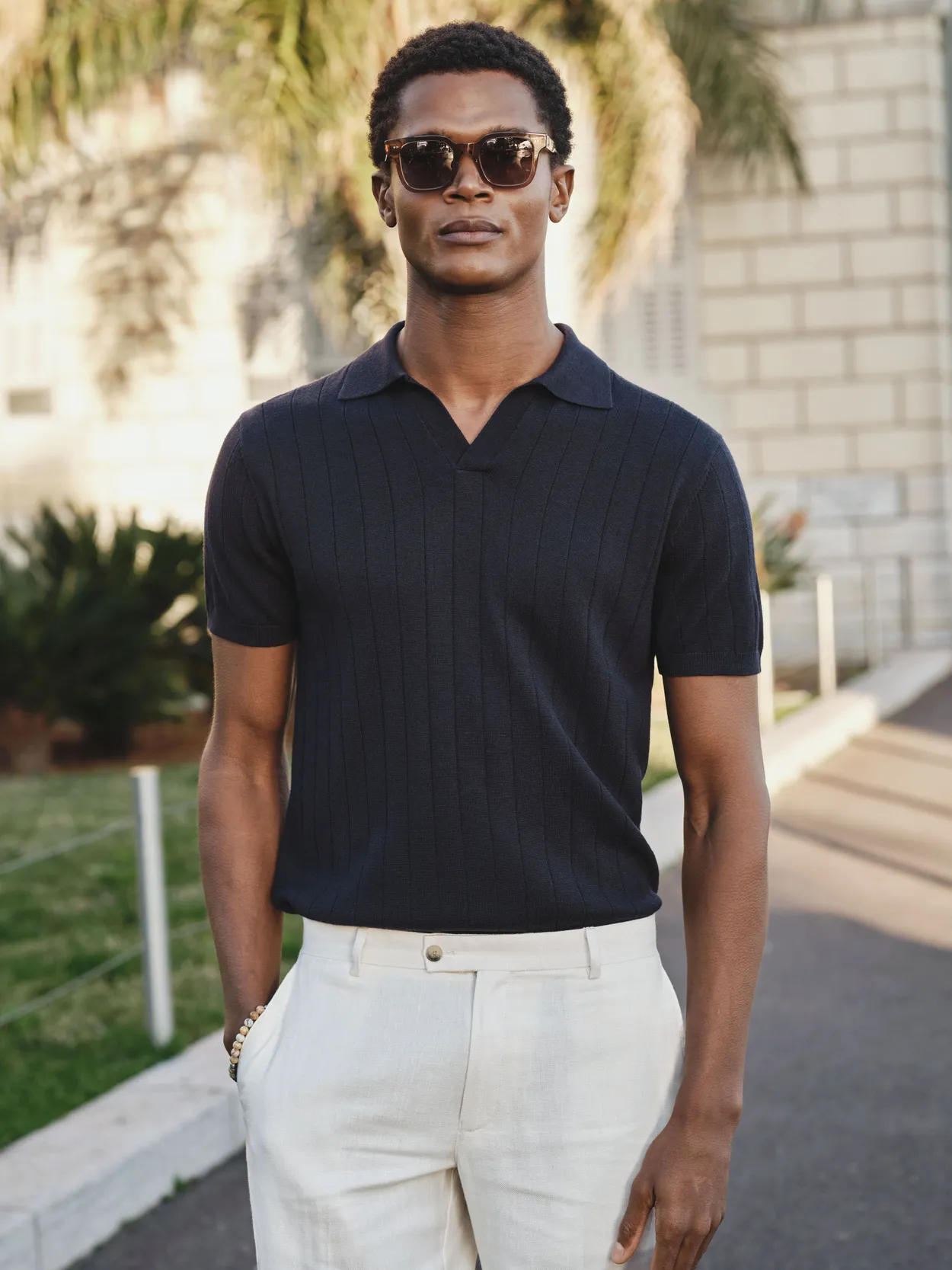 Navy Blue Ribbed Knitted Merino Polo