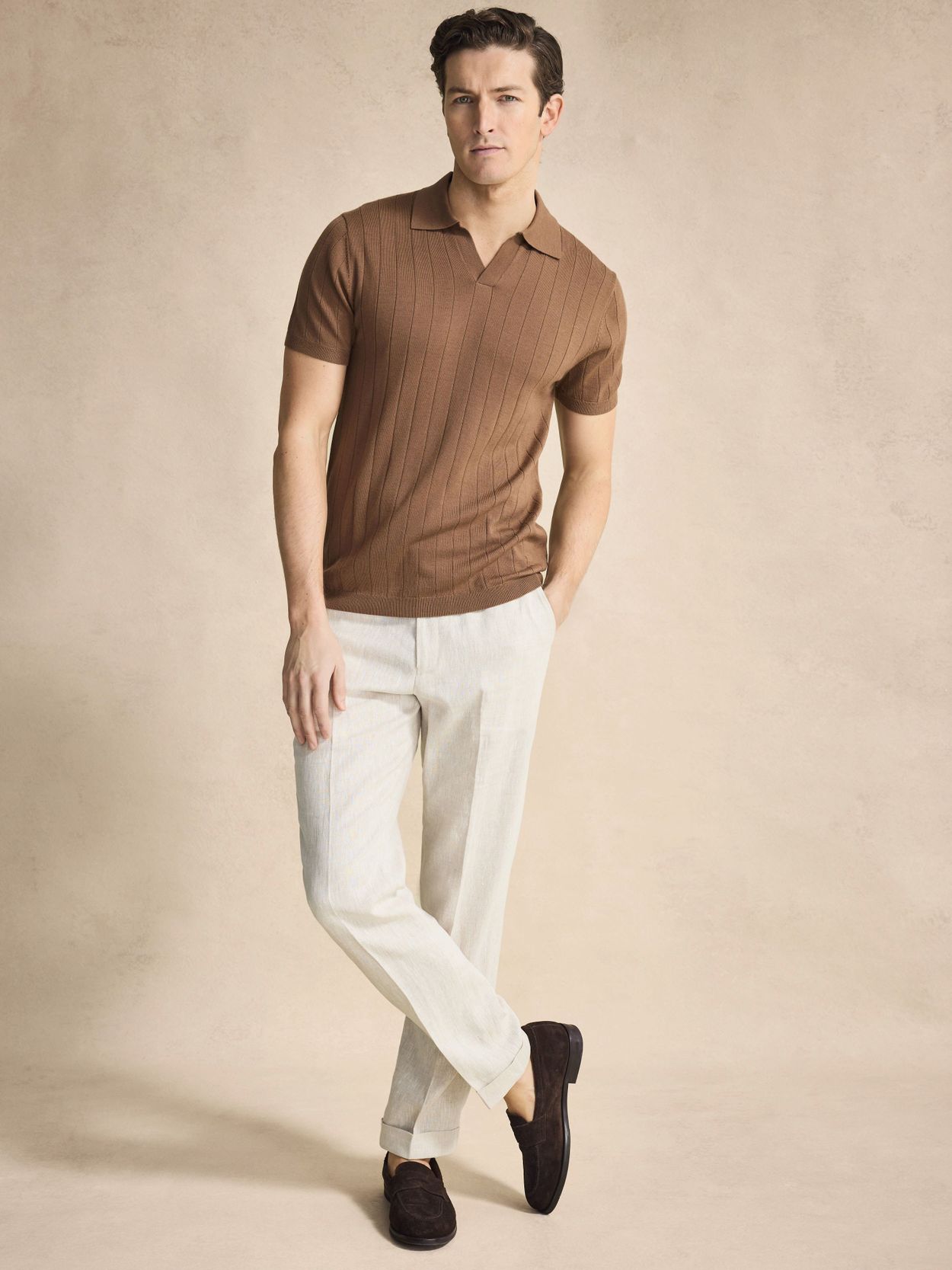 【CO】 BROWN-BEIGE rib-knit CASHMERE polo