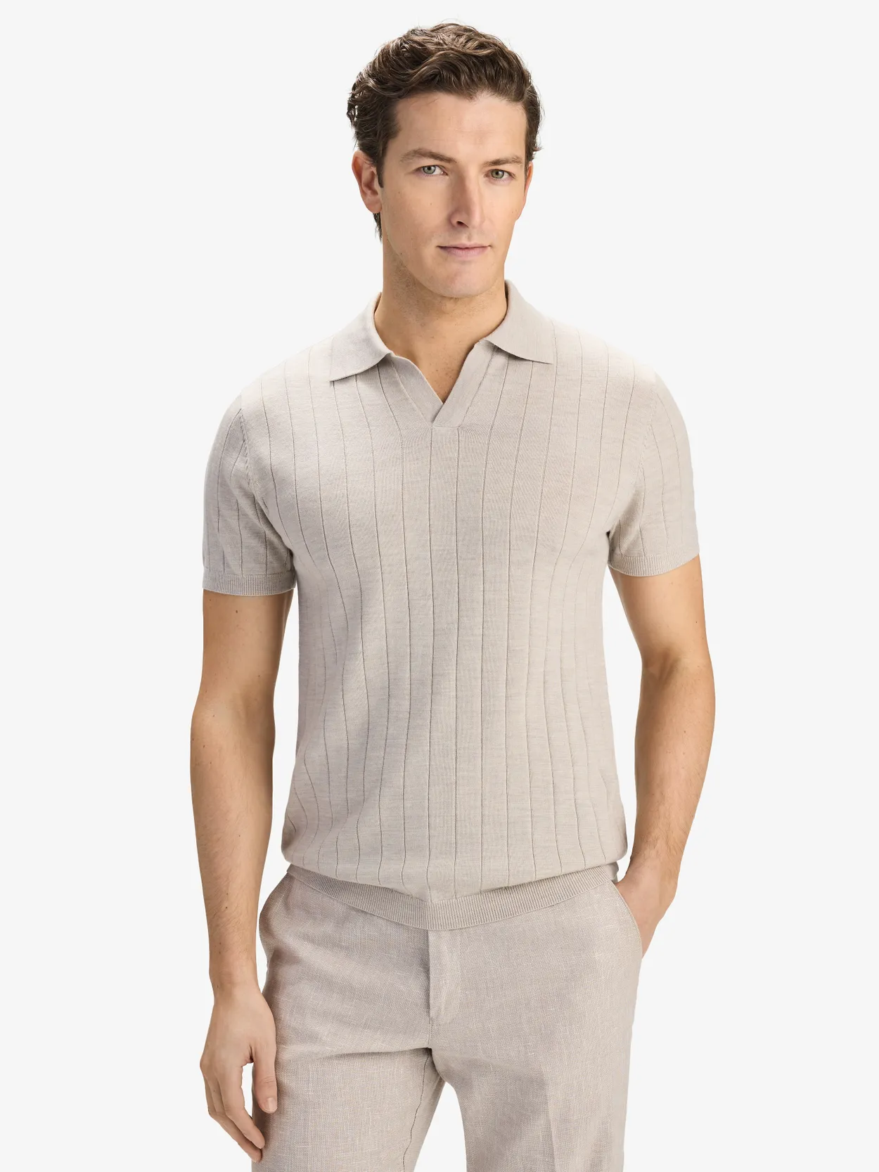 Sandfarbenes Geripptes Poloshirt Merino