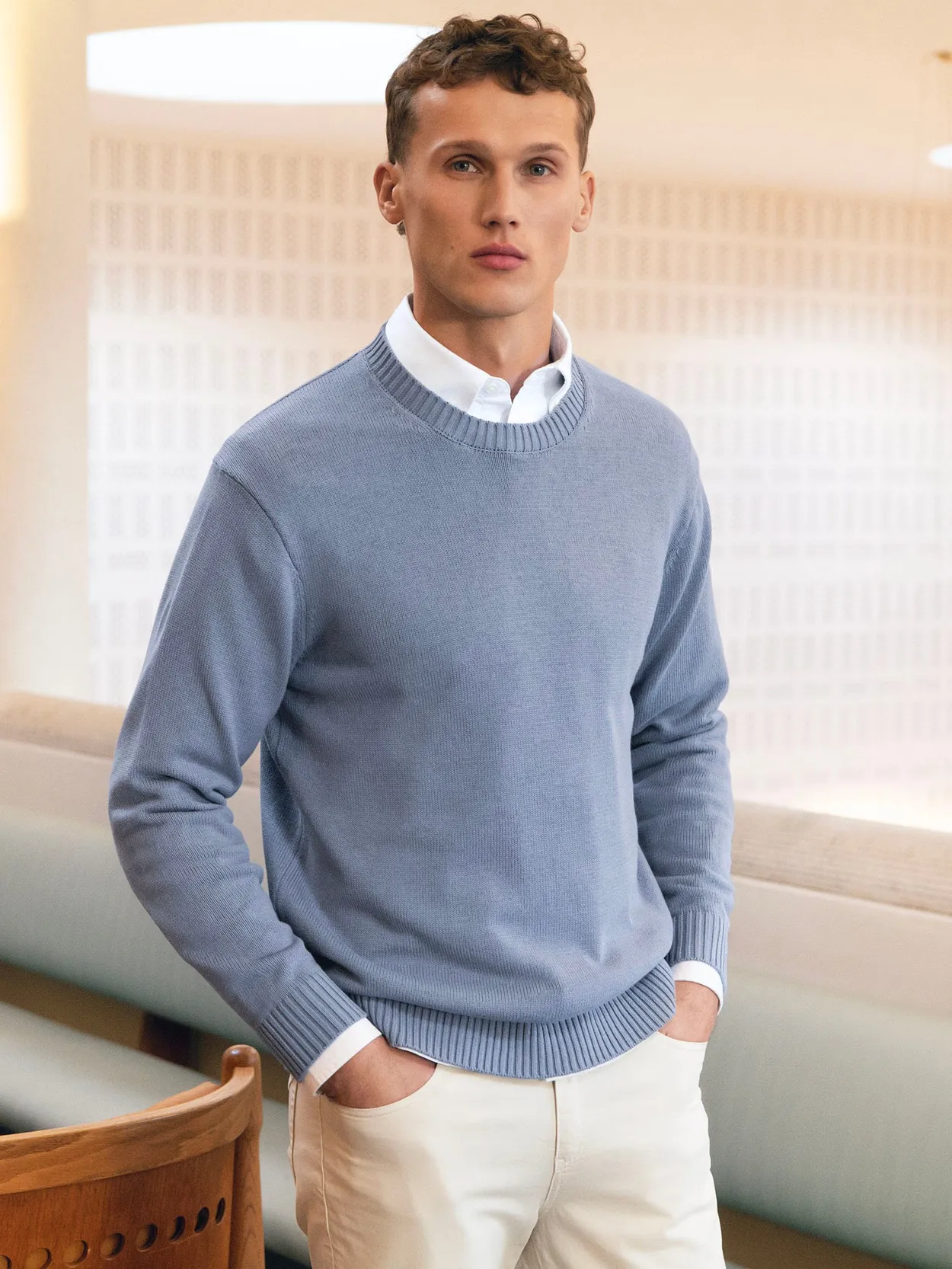 Blue Cotton O-Neck Sweater