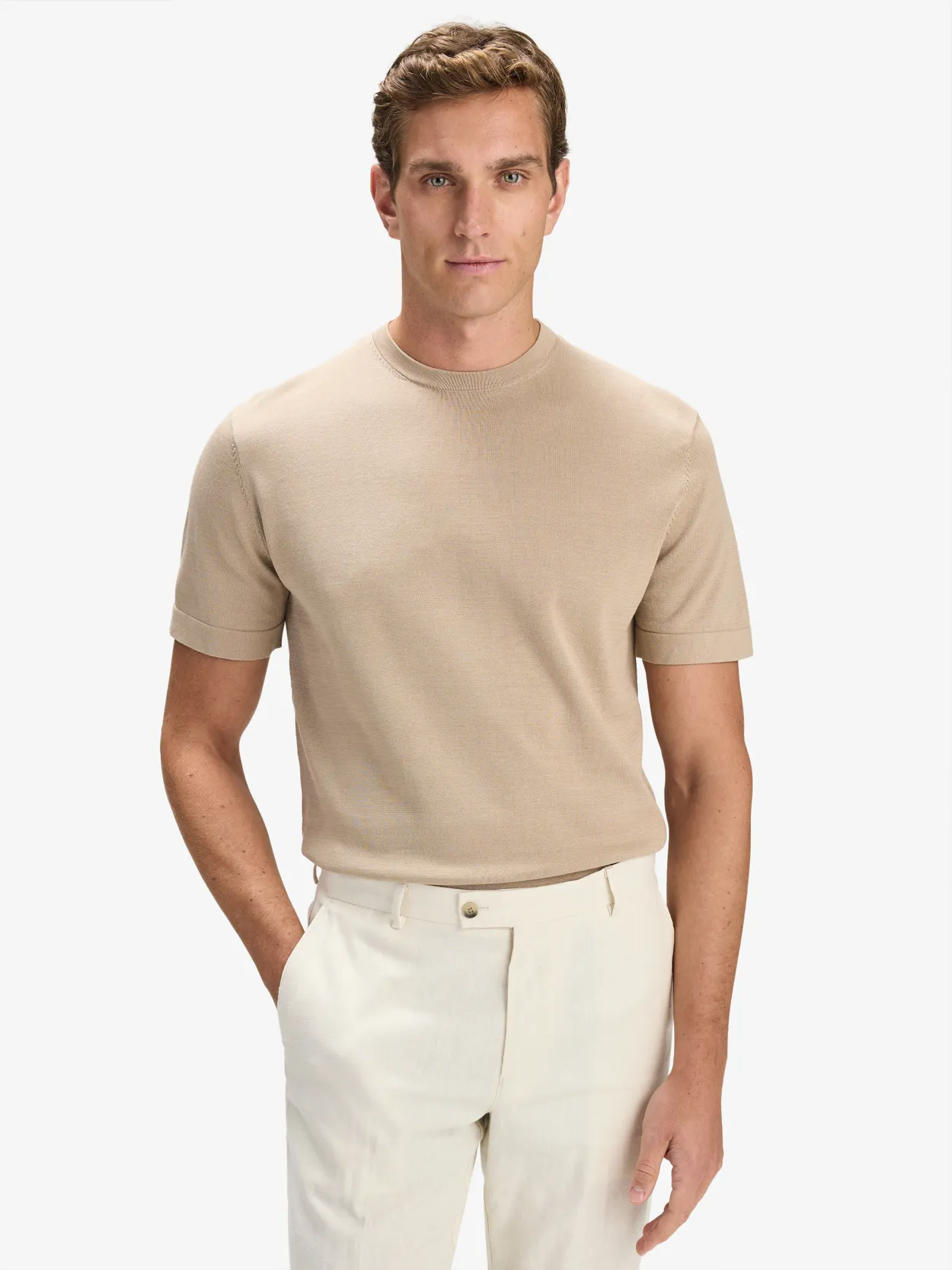 Beige Cotton Silk Knitted T-shirt