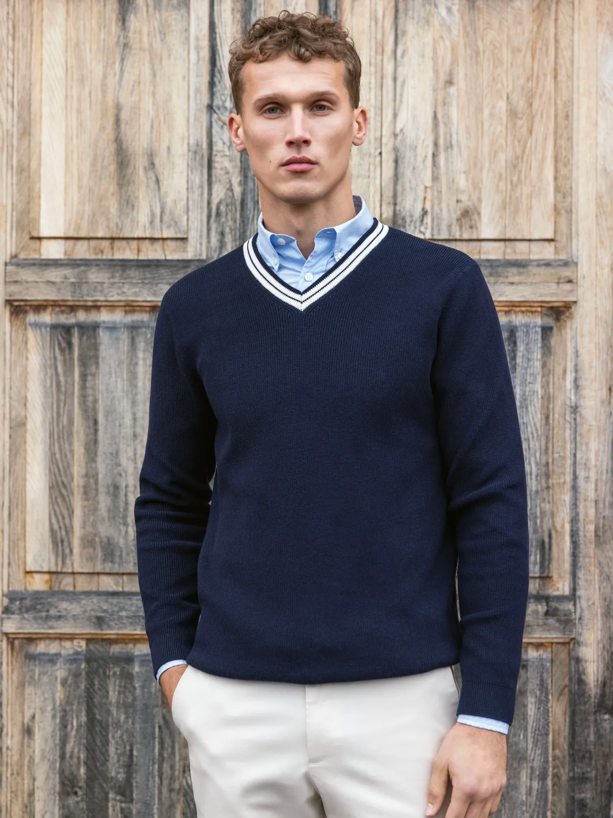 Navy Blue Cotton V-Neck Sweater