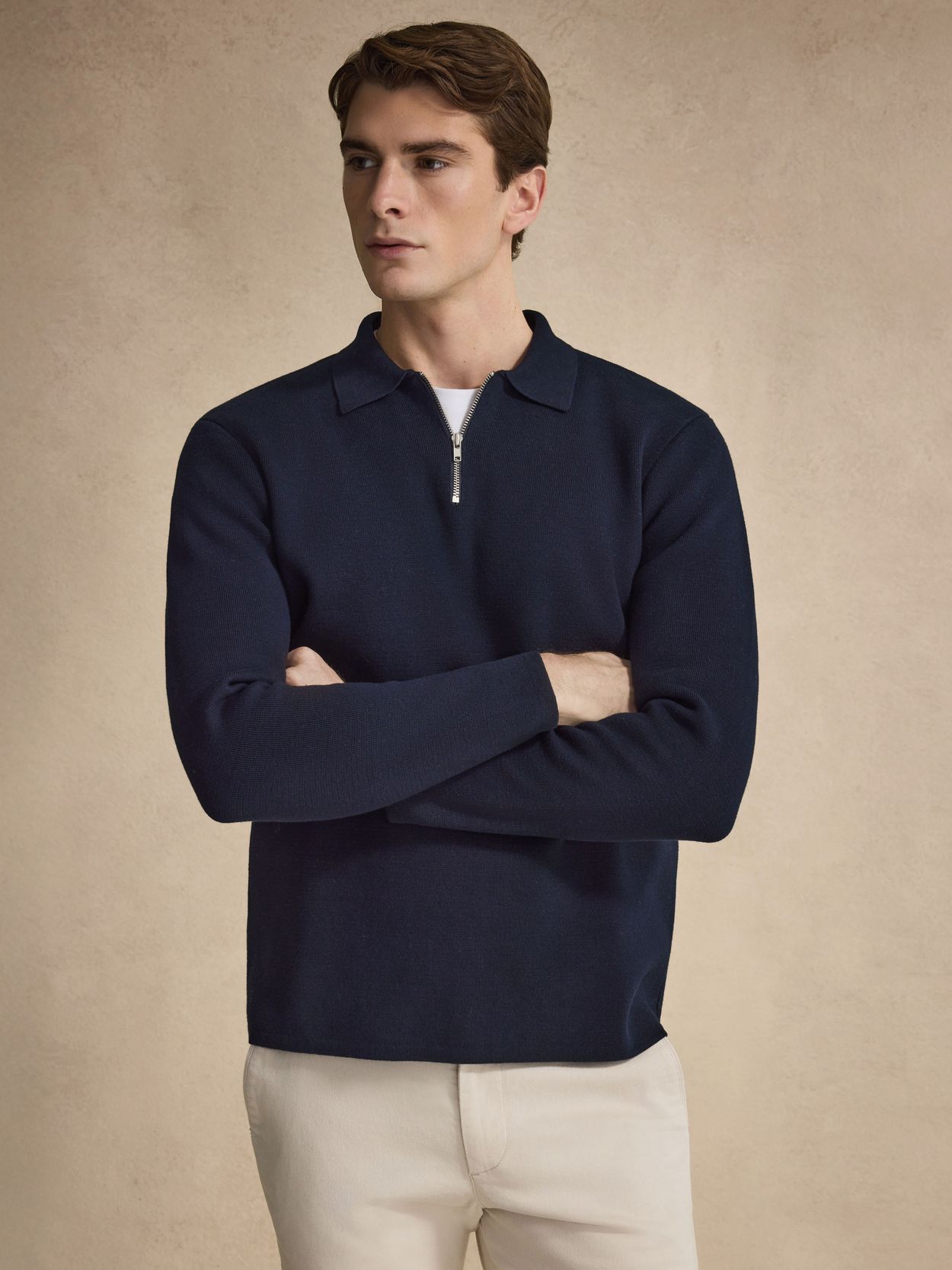 Navy Blue Cotton Plain Knitted Half Zip