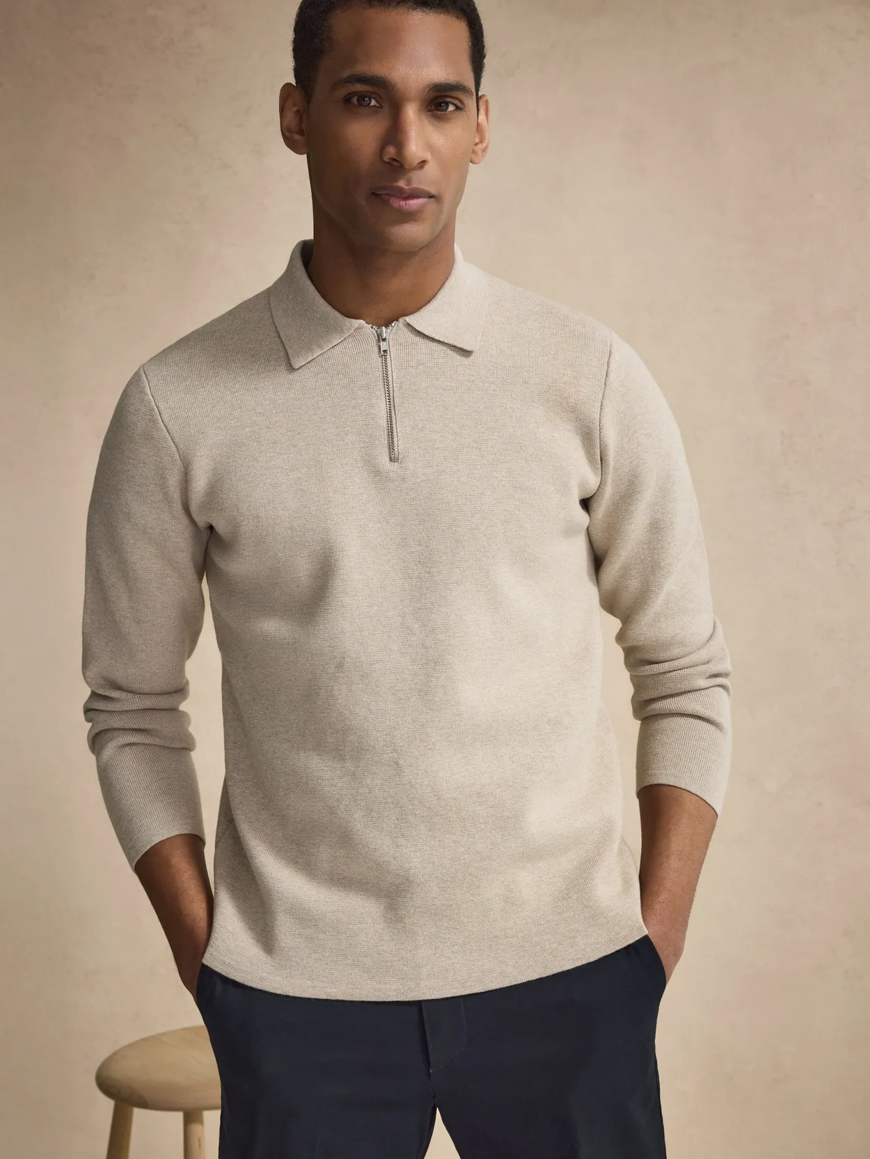 Beige Cotton Plain Knitted Half Zip