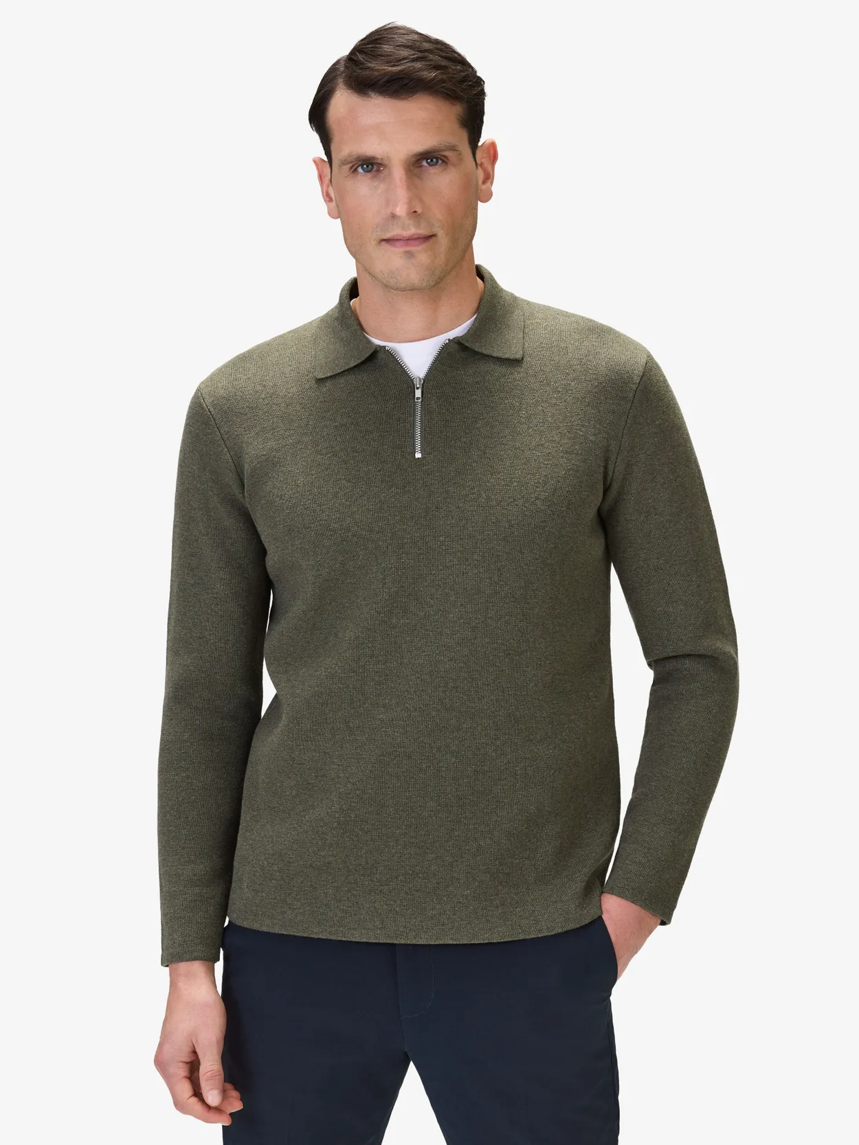 Green Cotton Plain Knitted Half Zip