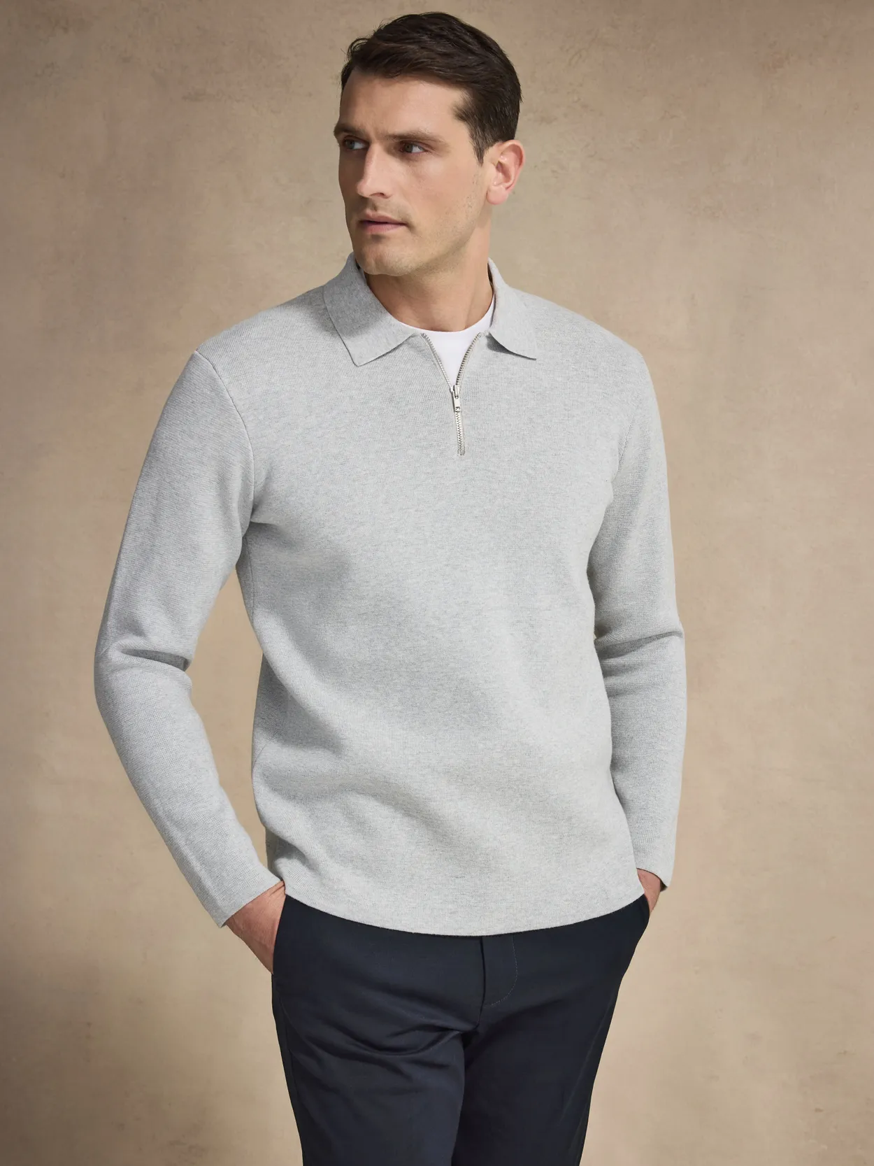 Grey Cotton Plain Knitted Half Zip