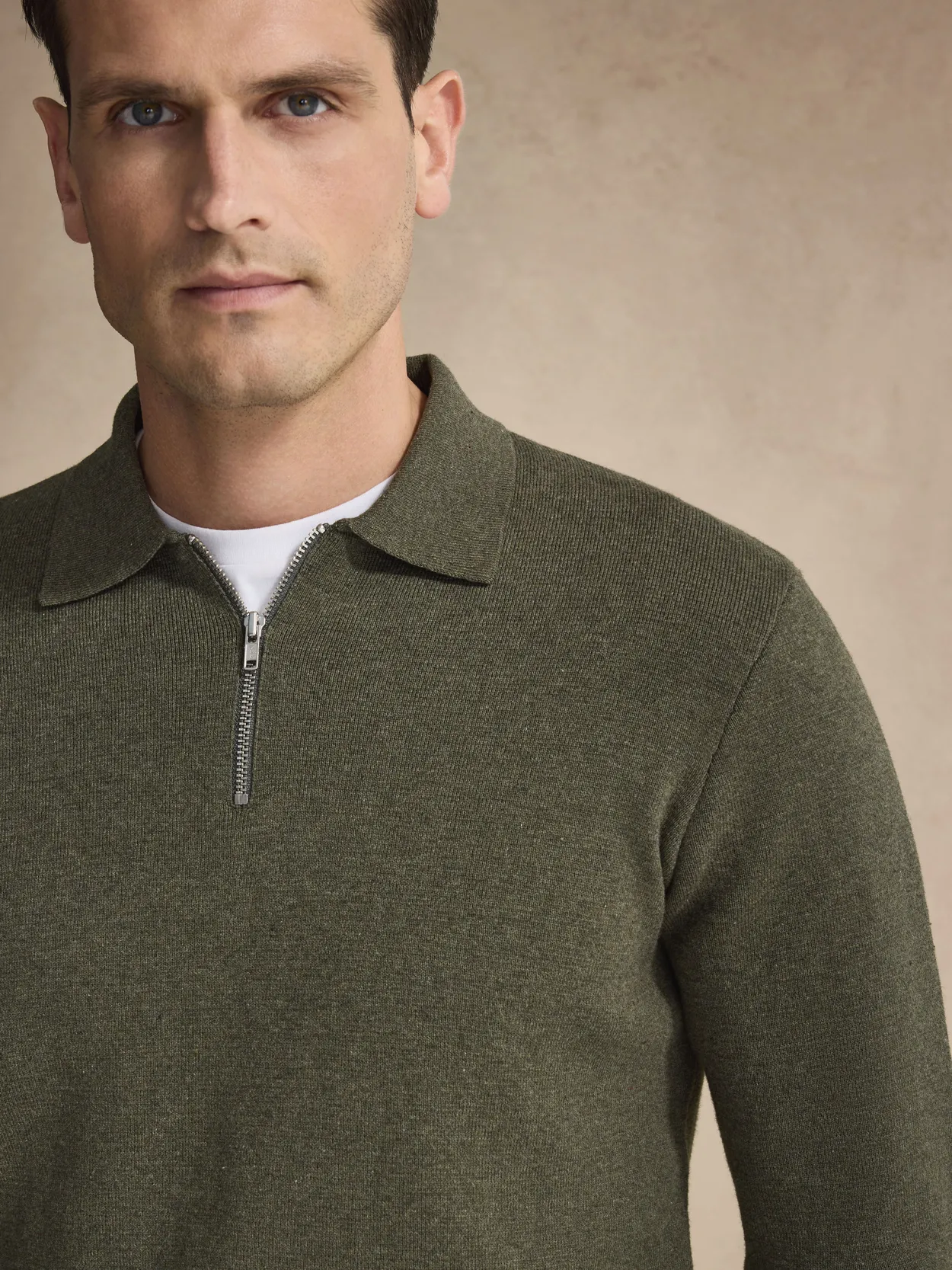 Green Cotton Plain Knitted Half Zip