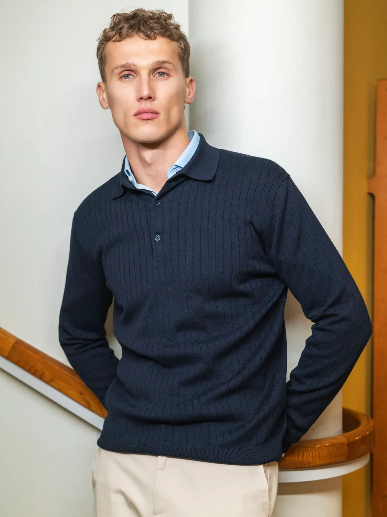 Navy Blue Cotton Rib Knitted Polo Sweater