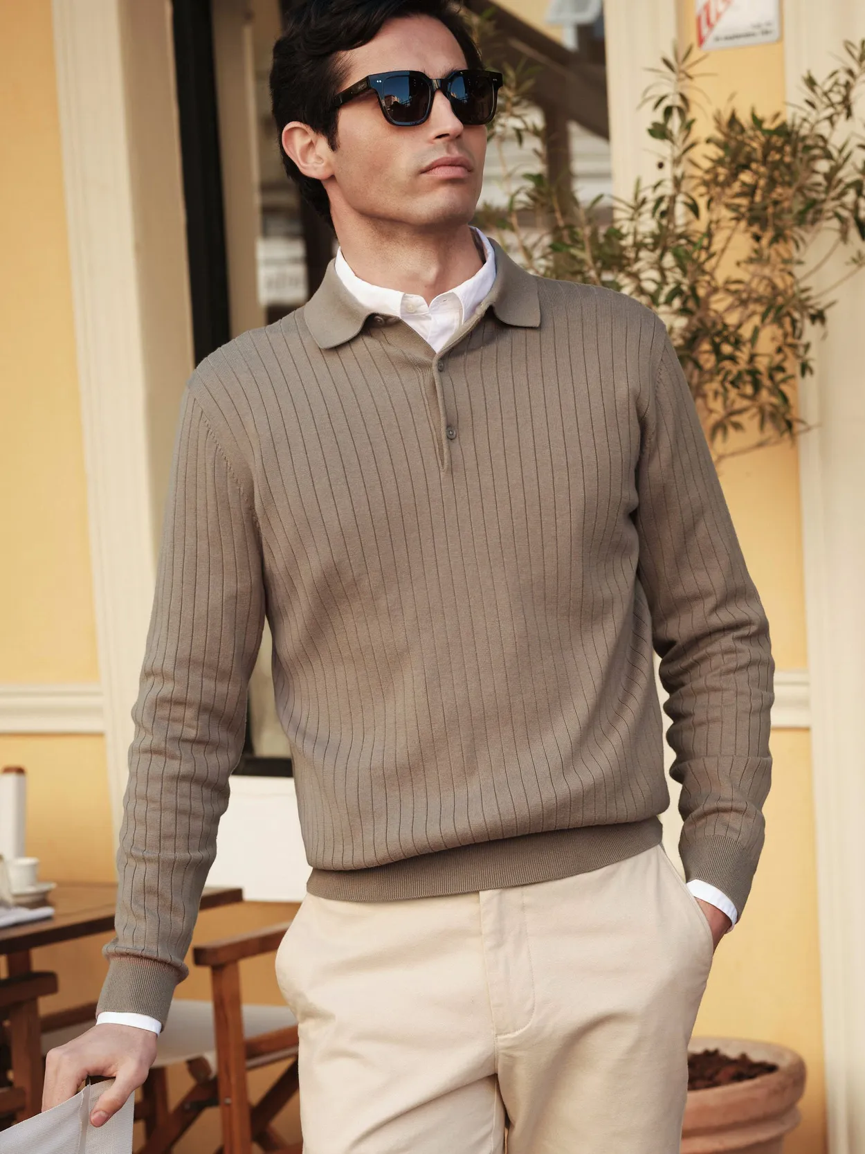 Taupe Bomulds Ribstrikket Polosweater