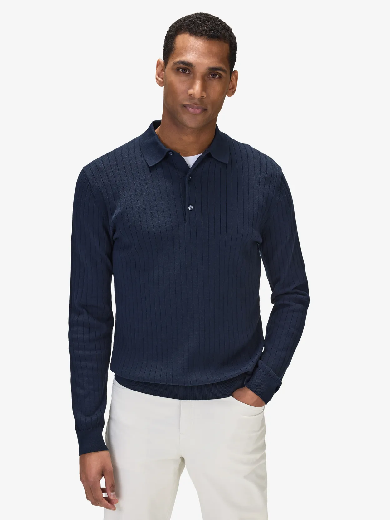 Marineblauwe Geribbelde Katoenen Polosweater