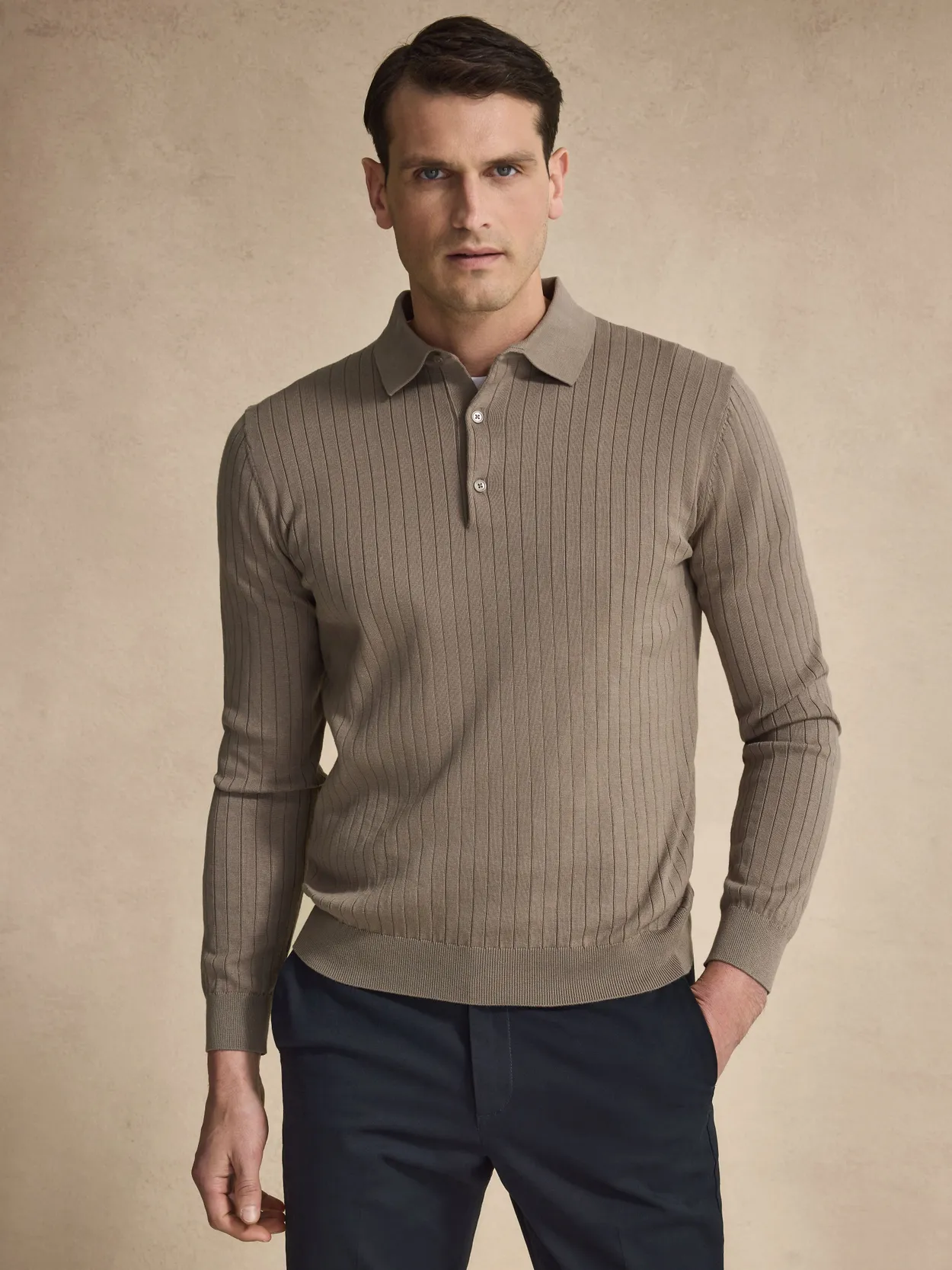 Taupe Cotton Rib Knitted Polo Sweater