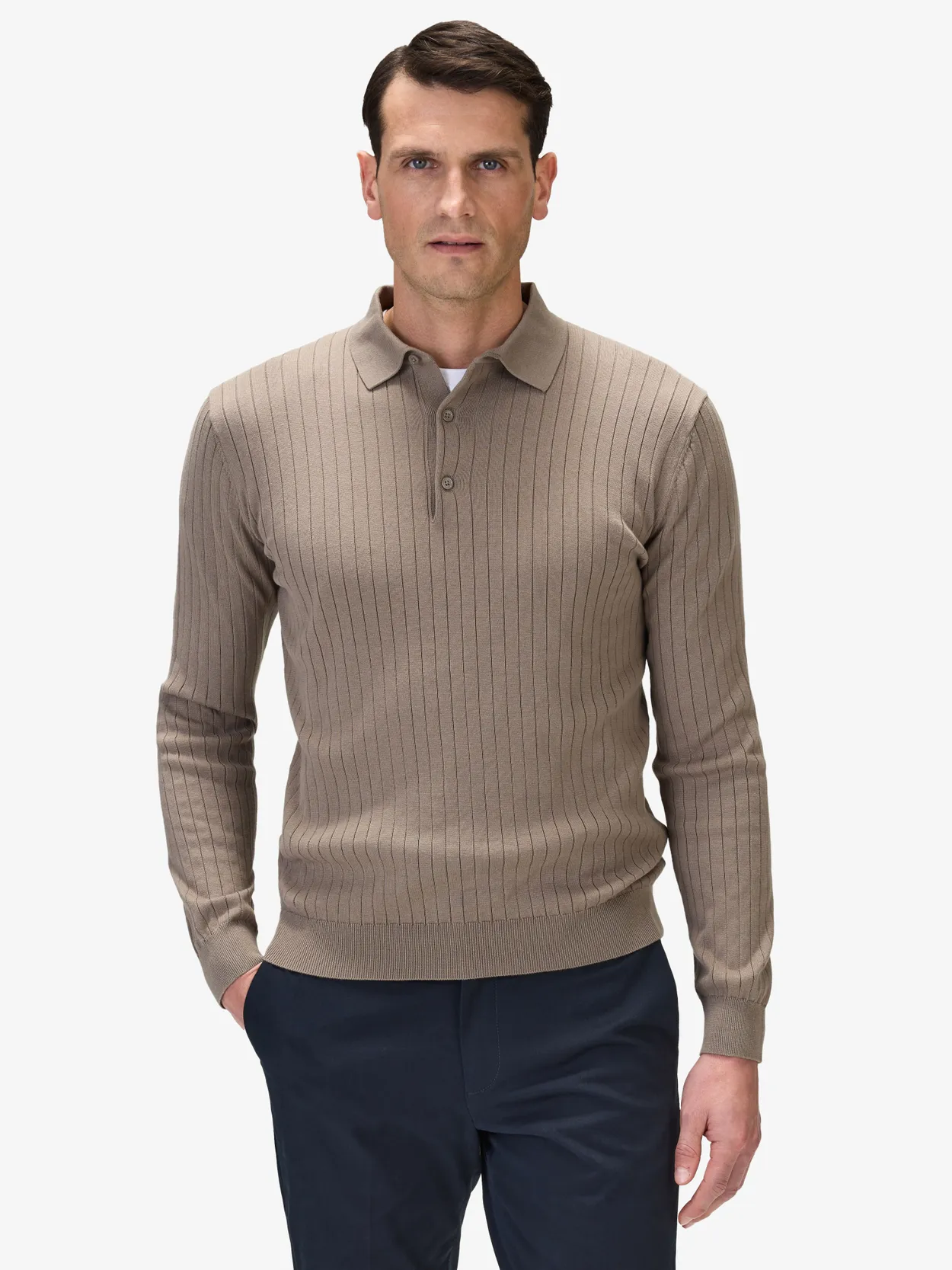 Taupe Geribbelde Katoenen Polosweater