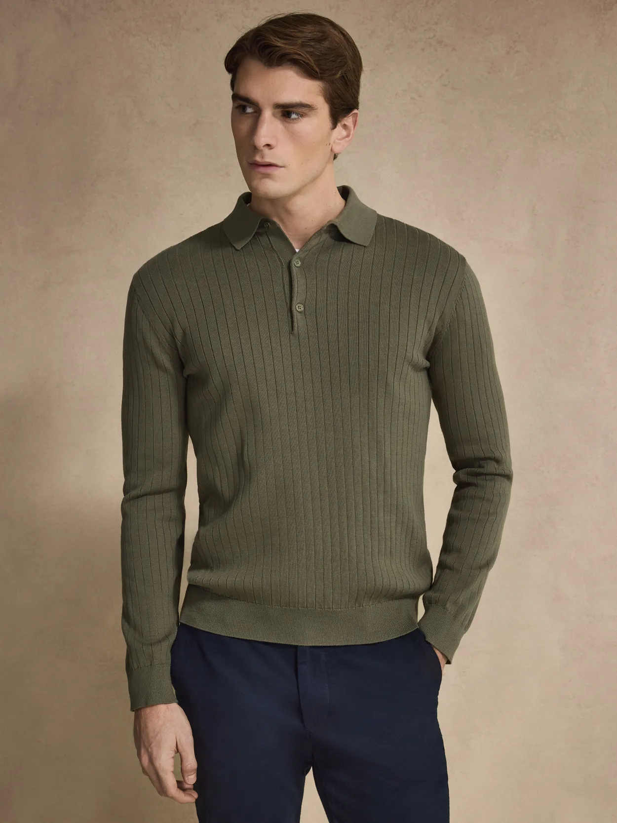 Green Cotton Rib Knitted Polo Sweater