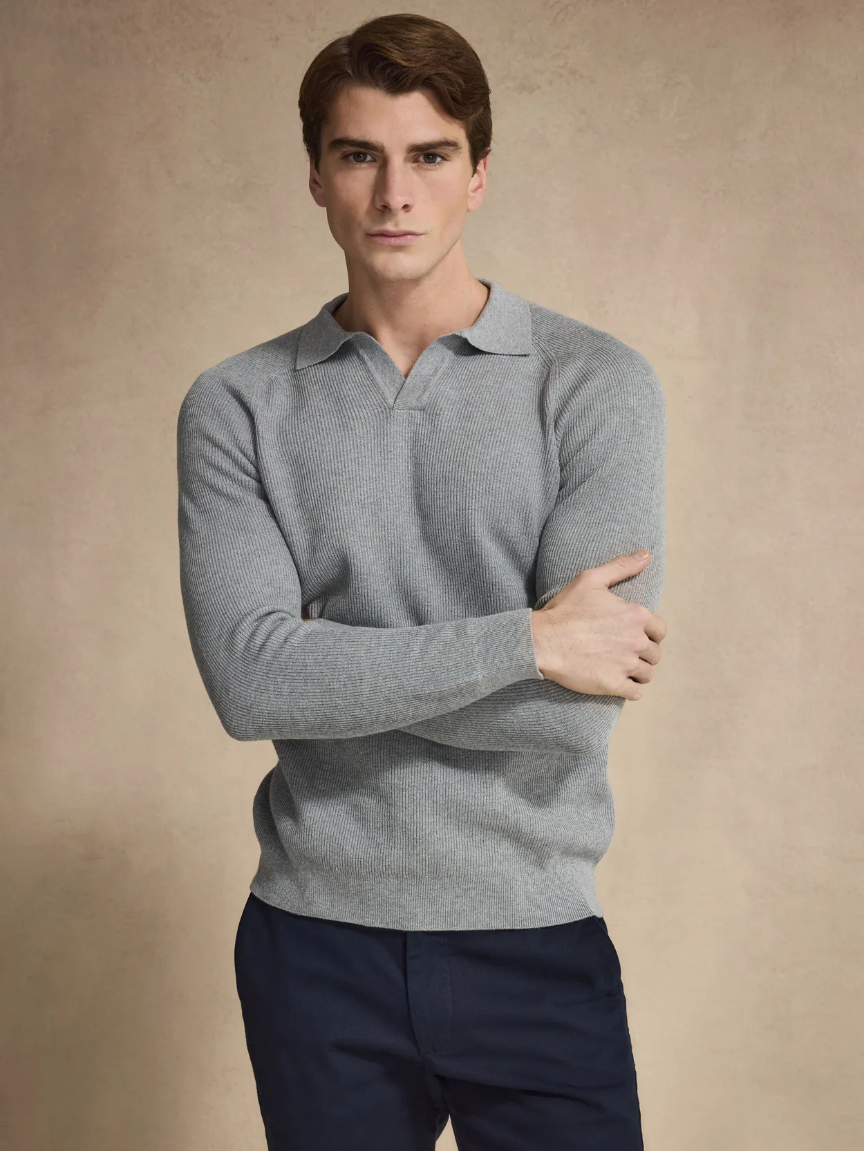 Grey Cotton Rib Knitted Open Collar Polo Sweater