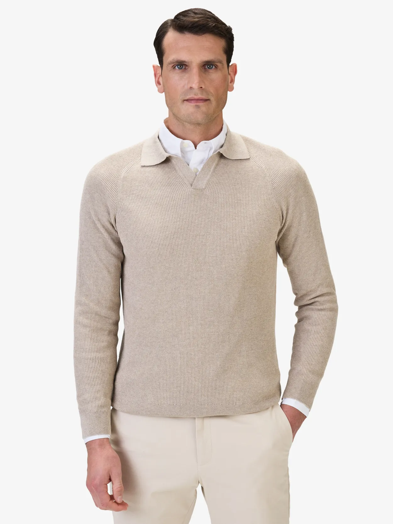 Beige Geribbelde Katoenen Polosweater