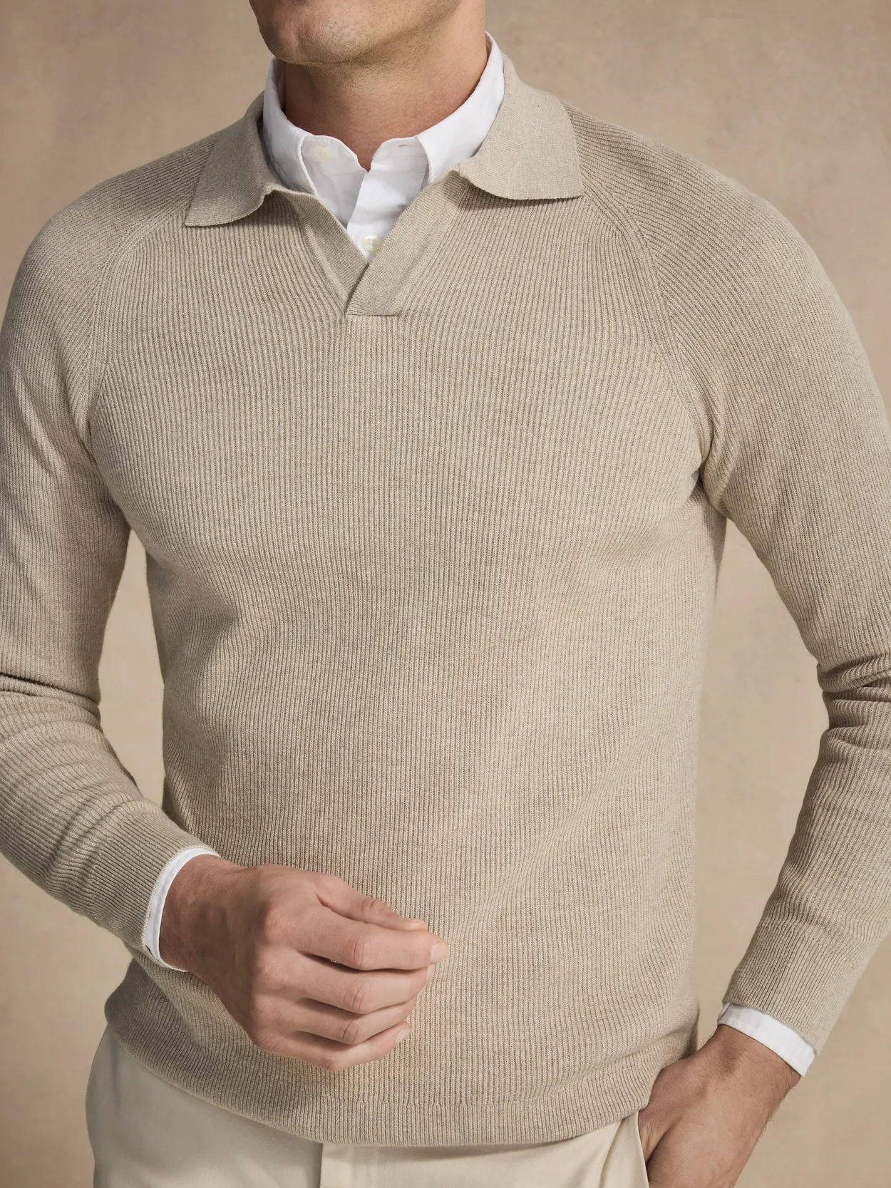 Beige Cotton Rib Knitted Open Collar Polo Sweater