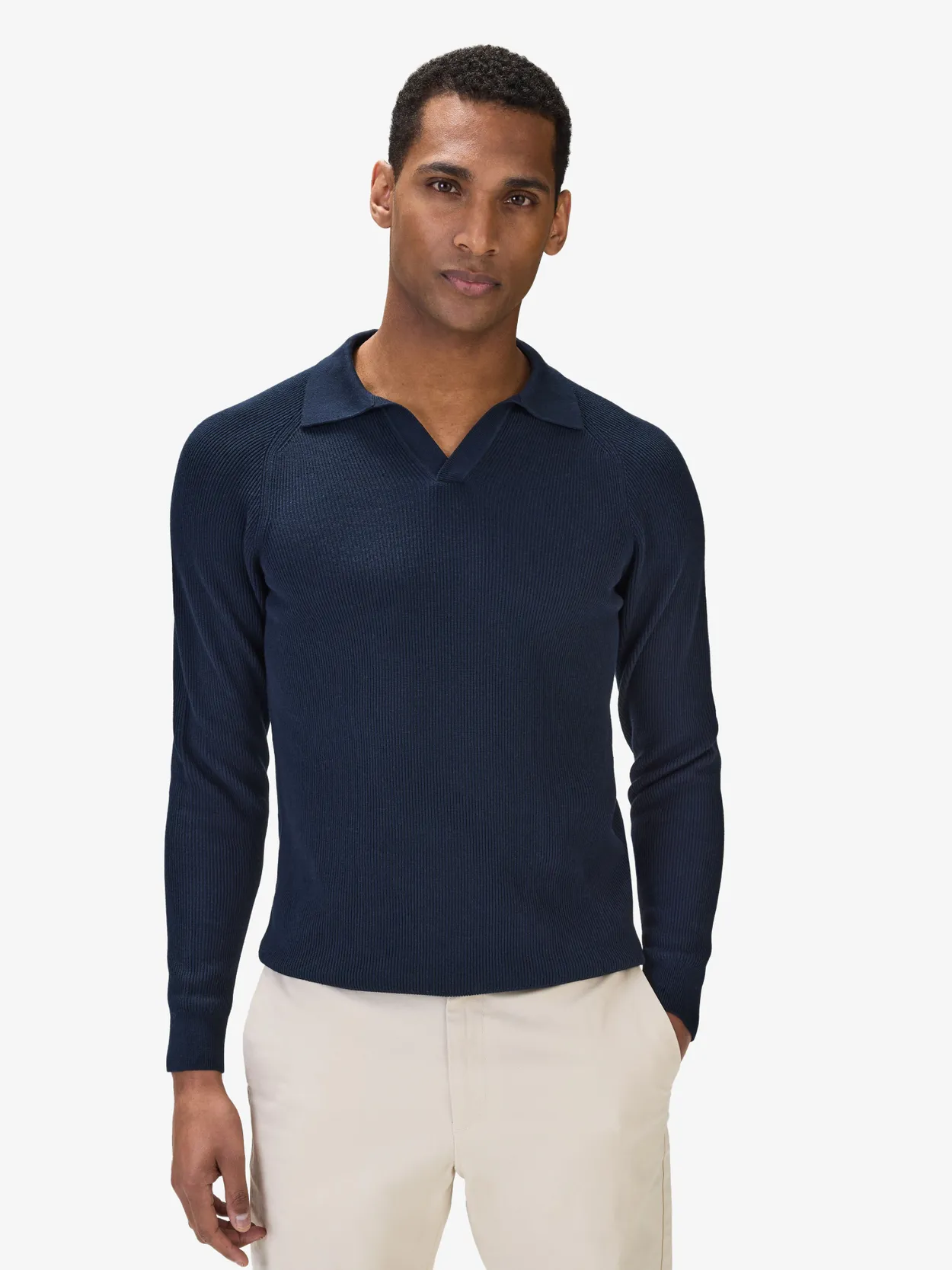 Marineblauwe Geribbelde Katoenen Polosweater