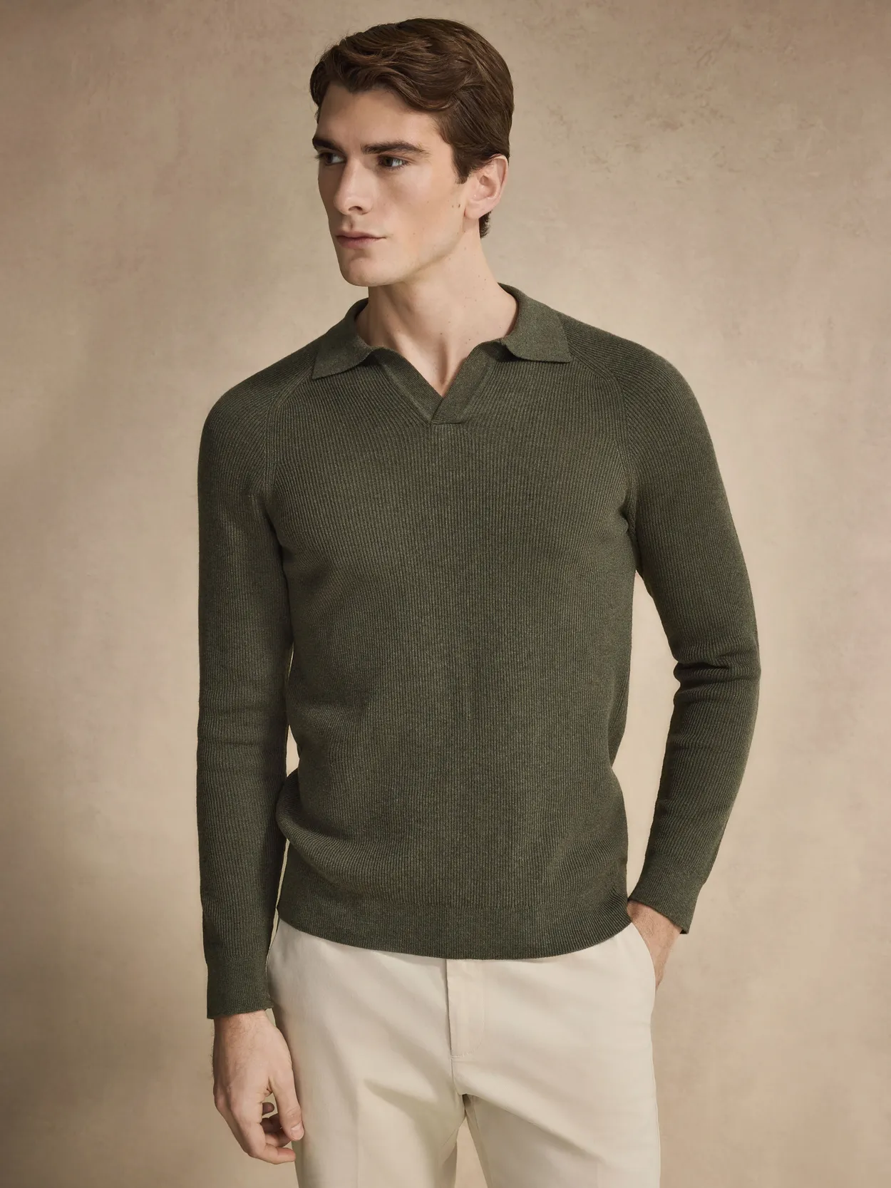 Green Cotton Rib Knitted Open Collar Polo Sweater