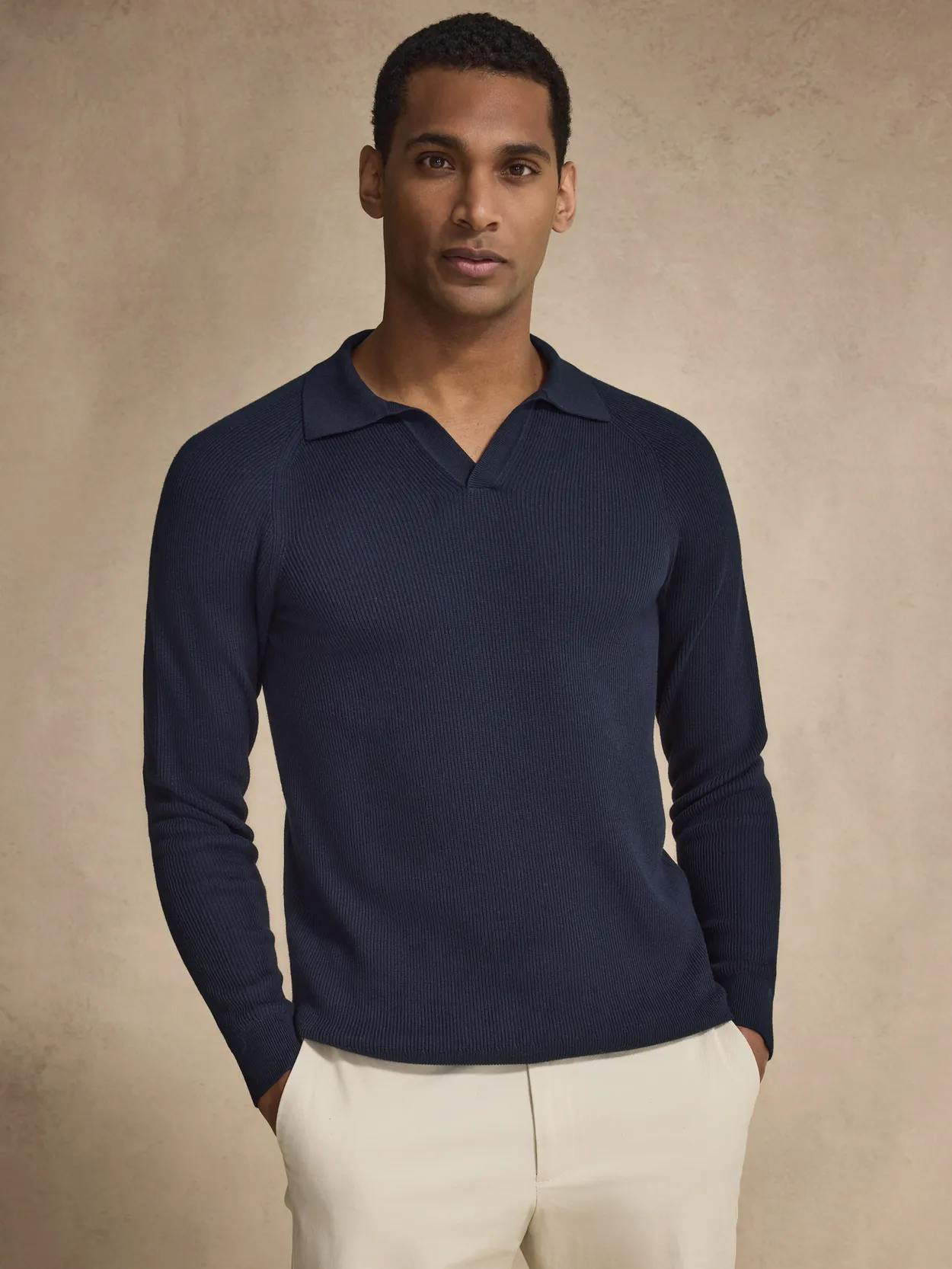 Navy Blue Cotton Rib Knitted Open Collar Polo Sweater