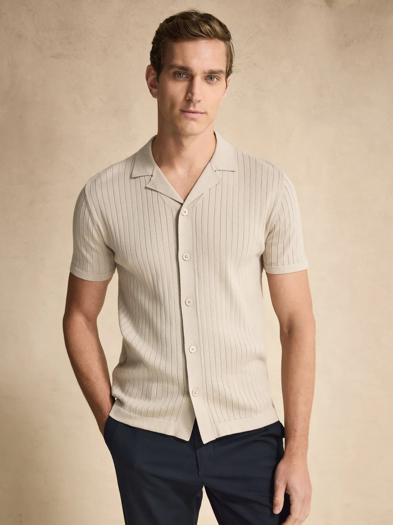 Beige Rib Knitted Short Sleeve Shirt Cotton