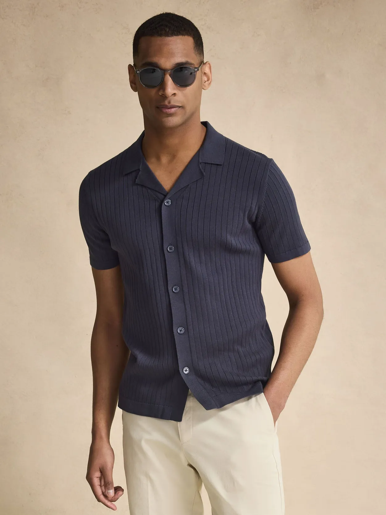 Navy Blue Rib Knitted Short Sleeve Shirt Cotton