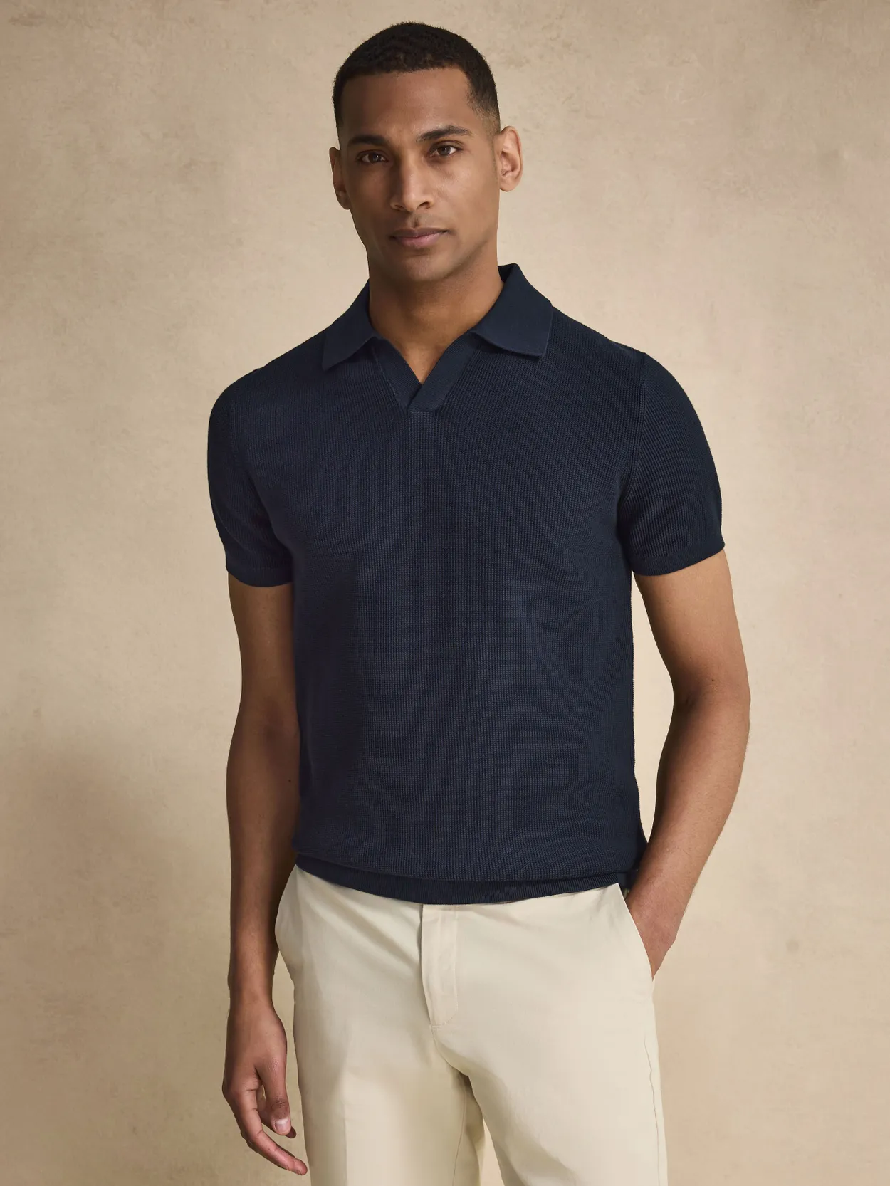 Navy Blue Textured Cotton Polo