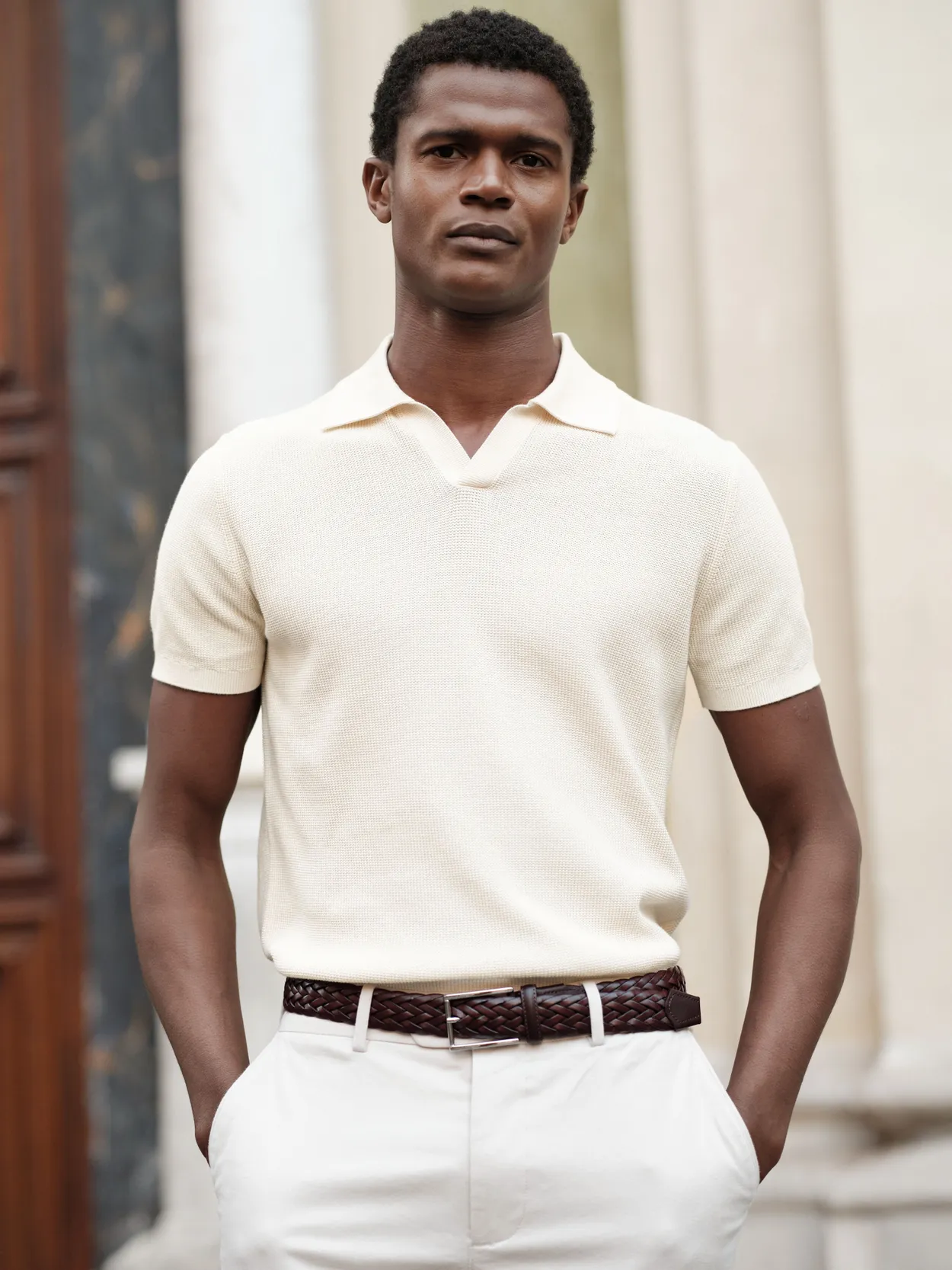 Cream White Textured Cotton Polo