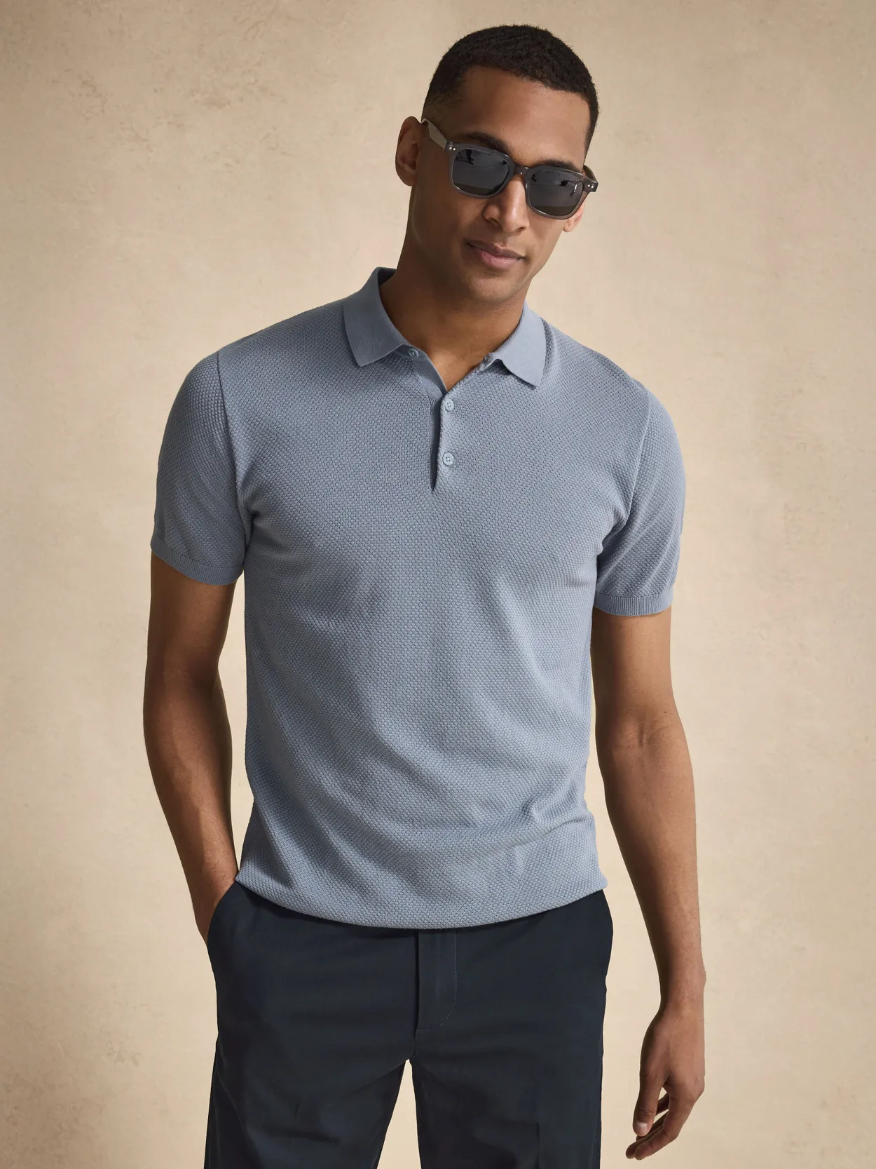 Blue Knitted Cotton Polo