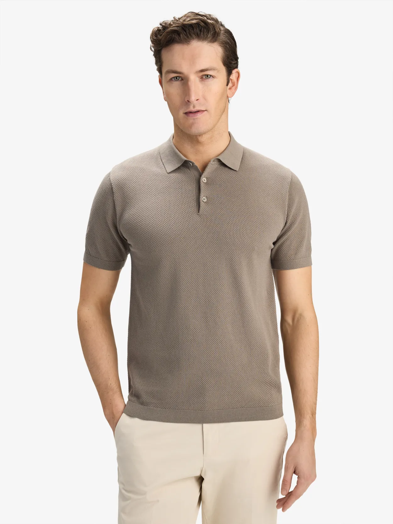 Taupe Knitted Cotton Polo Sweater