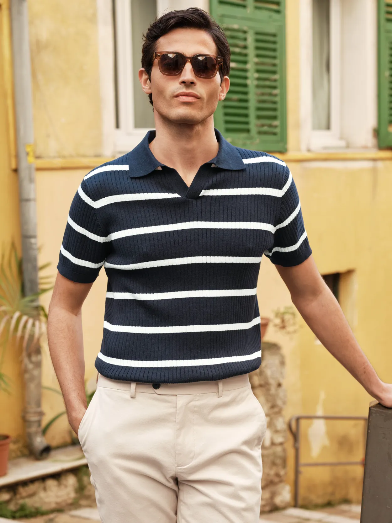 Navy Blue Rib Knitted Poloshirt Cotton