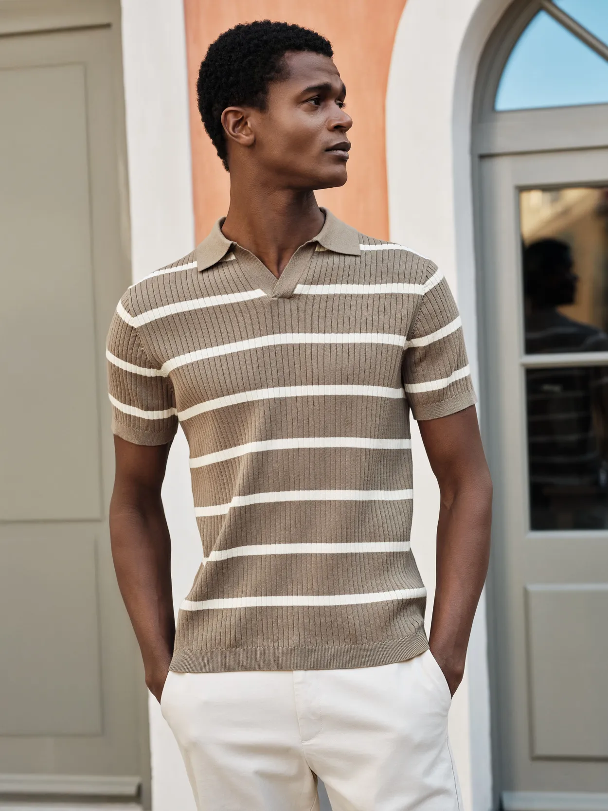 Taupe Ribstrikket Poloshirt Bomuld