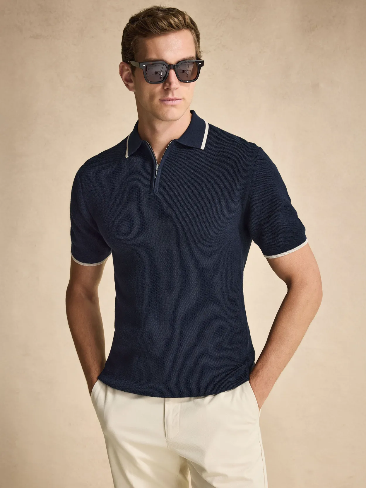 Marineblaues Strickpolo Half Zip Baumwolle