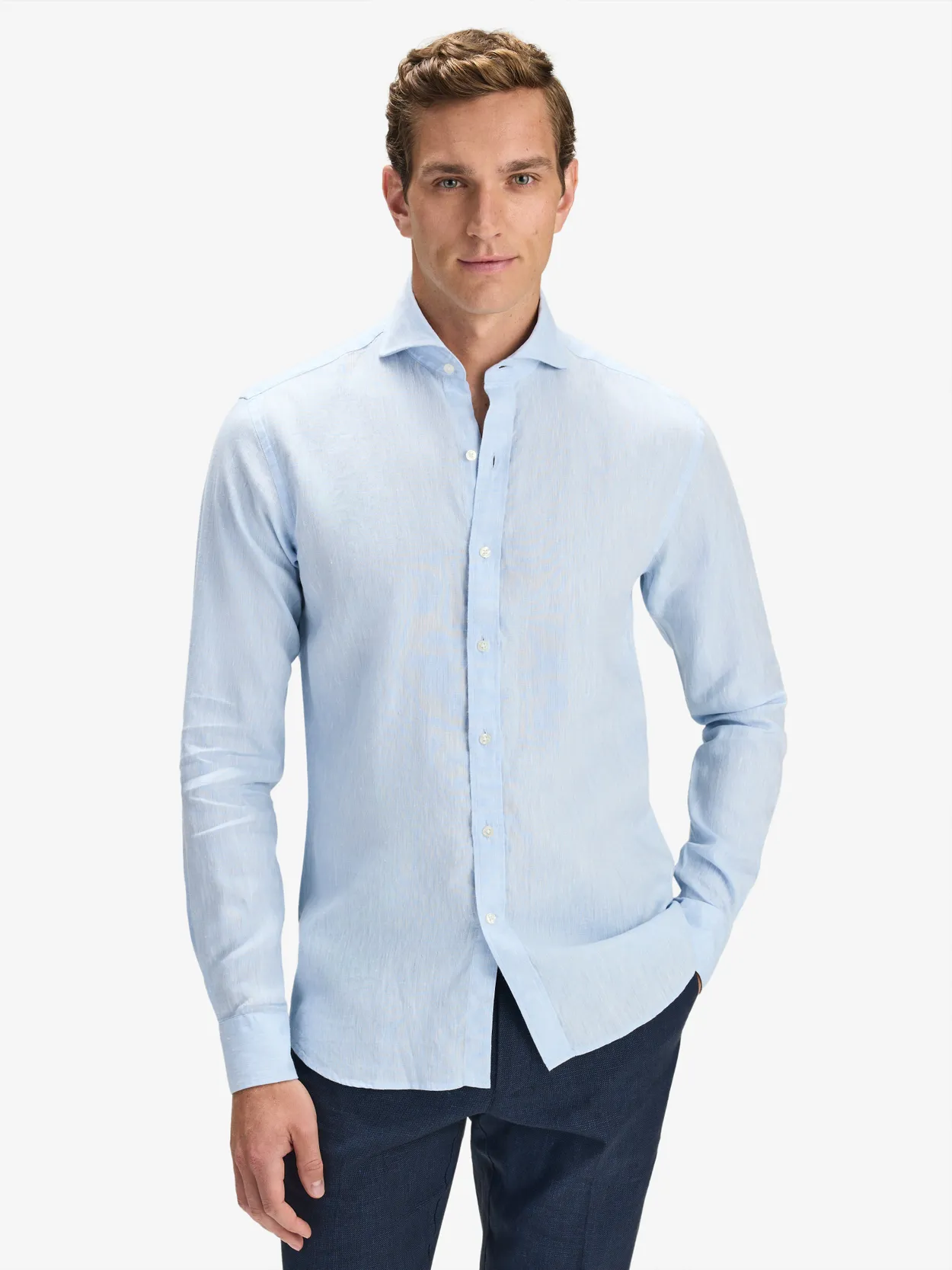 Light Blue Solid Smart Slim Fit Shirt Linen