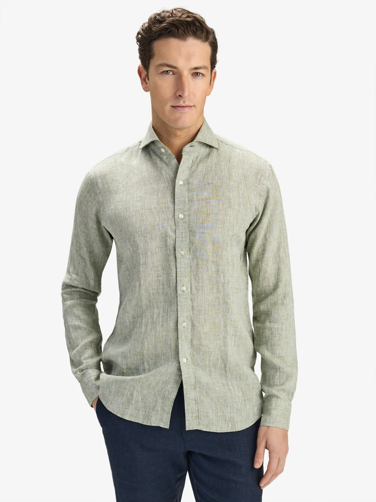 Green Solid Smart Slim Fit Shirt Linen