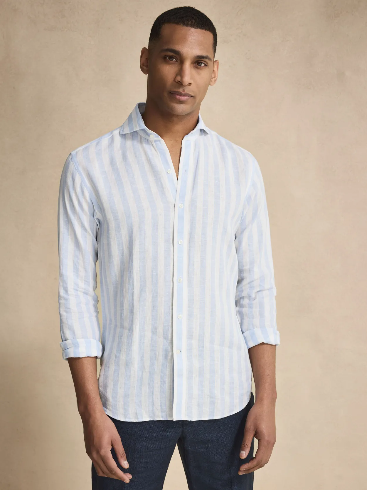 Light Blue Block Striped Smart Slim Fit Shirt Linen