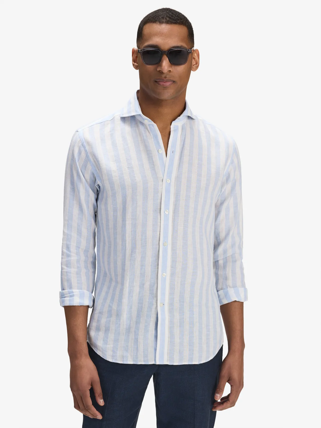 Light Blue Block Striped Smart Slim Fit Shirt Linen