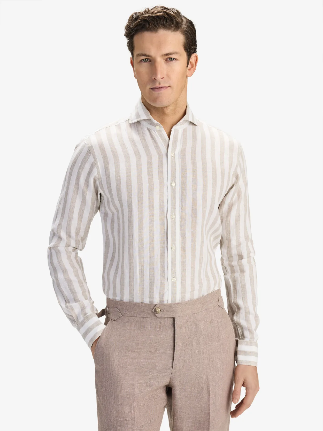 Beige Block Striped Smart Slim Fit  Shirt Linen