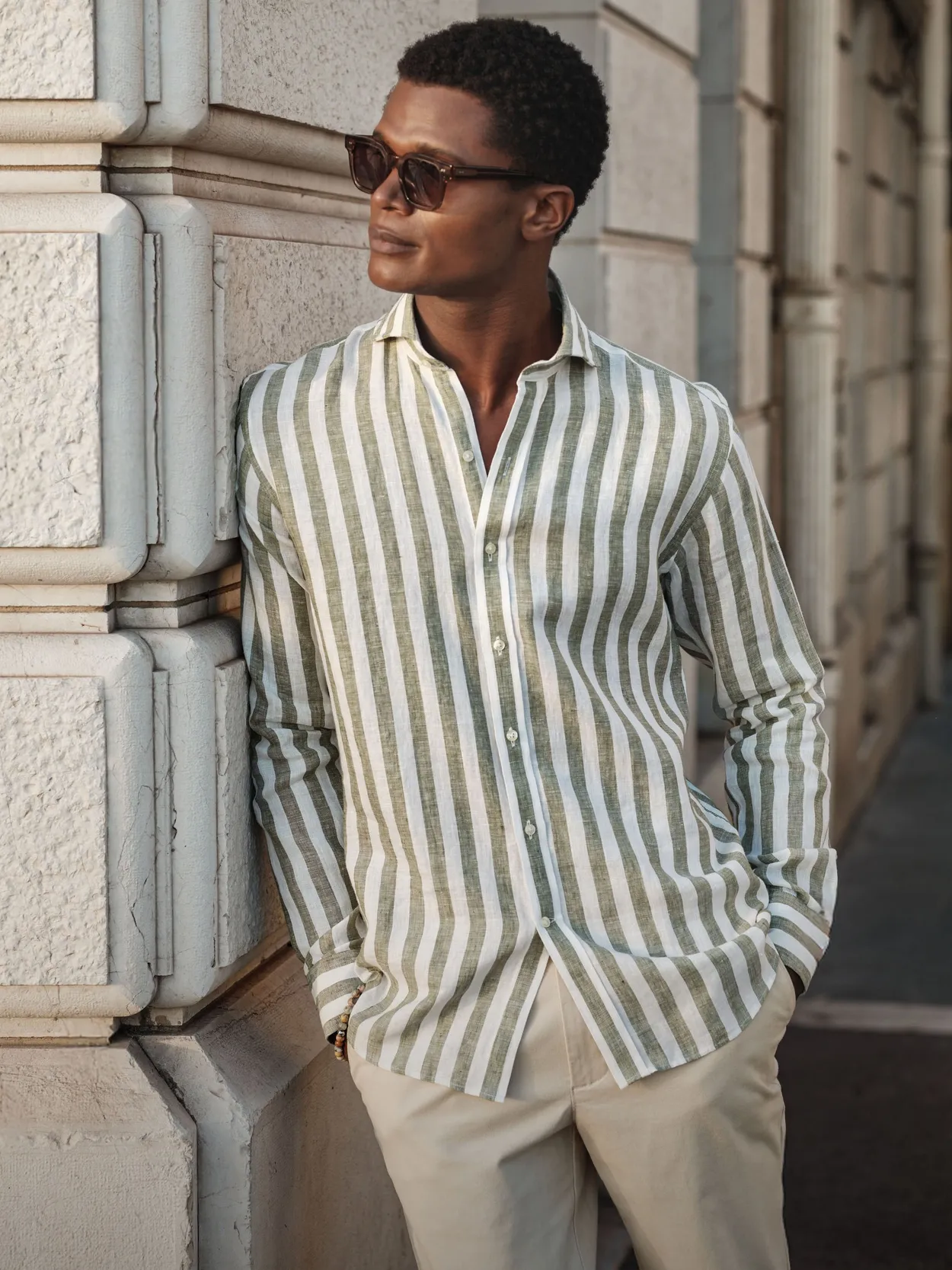 Green Block Striped Smart Slim Fit Shirt Linen