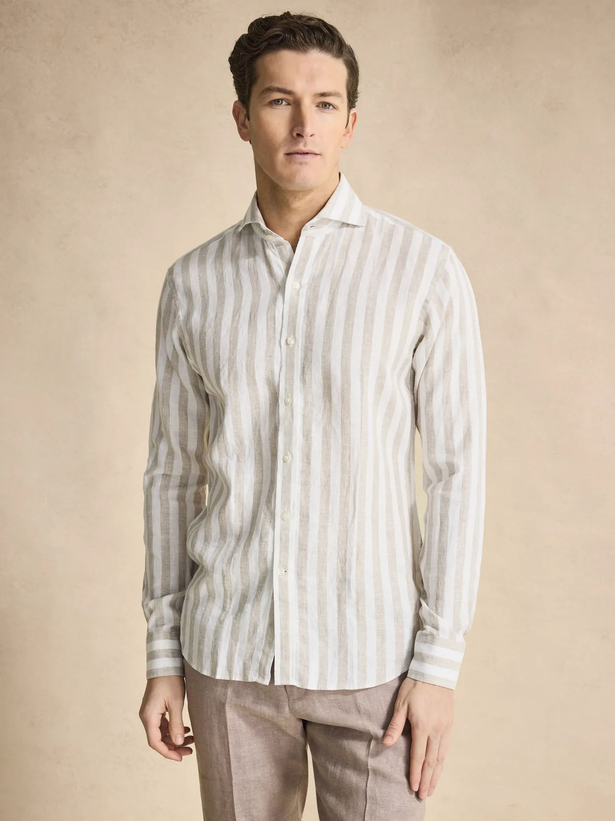 Beige Block Striped Smart Slim Fit  Shirt Linen