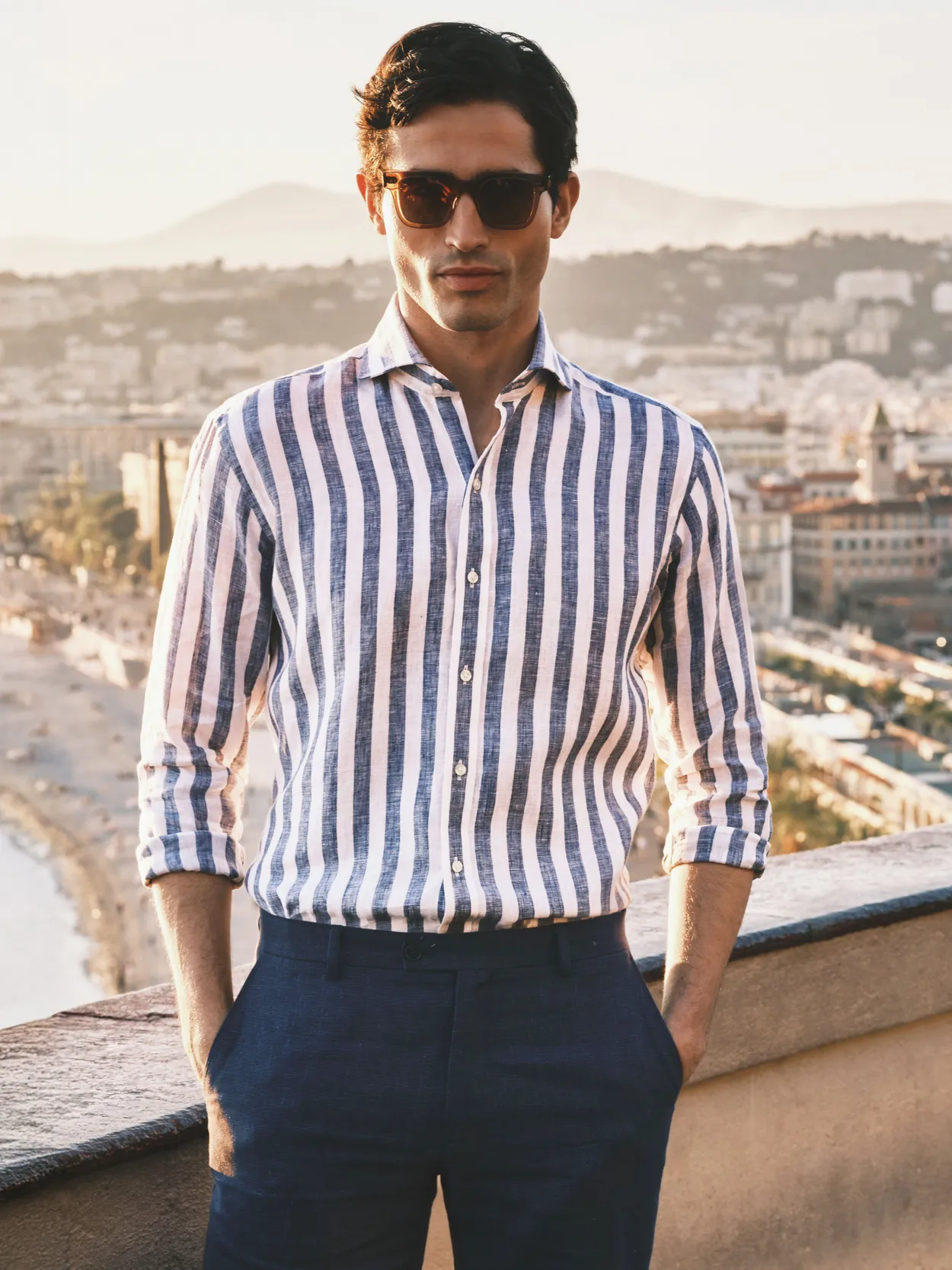 Blue Block Striped Smart Slim Fit Shirt Linen