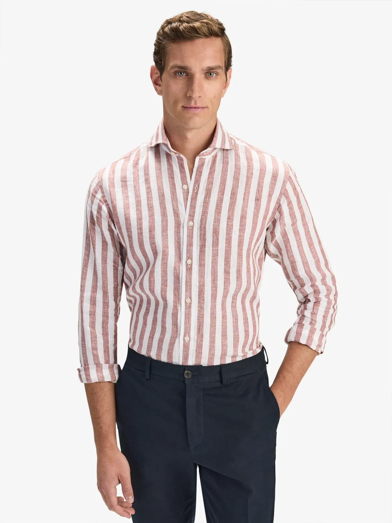 Terracotta Block Striped Smart Slim Fit Shirt Linen