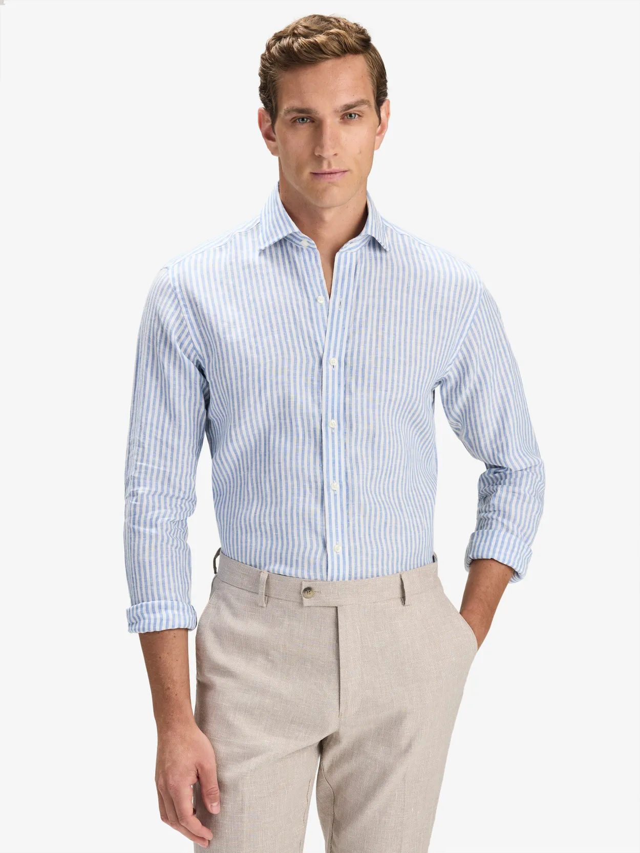 Light Blue Striped Smart Slim Fit Shirt Linen