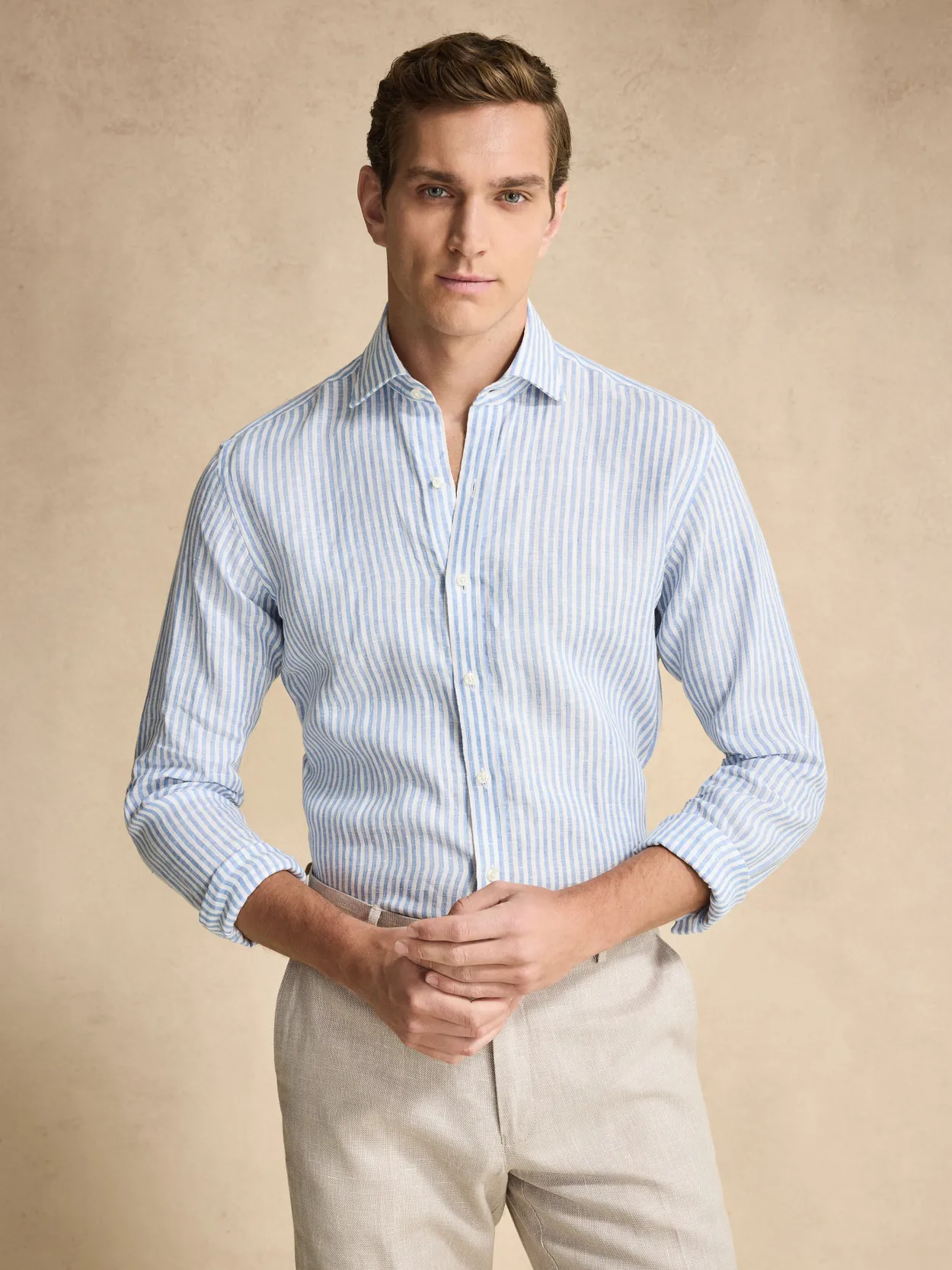 Light Blue Striped Smart Slim Fit Shirt Linen