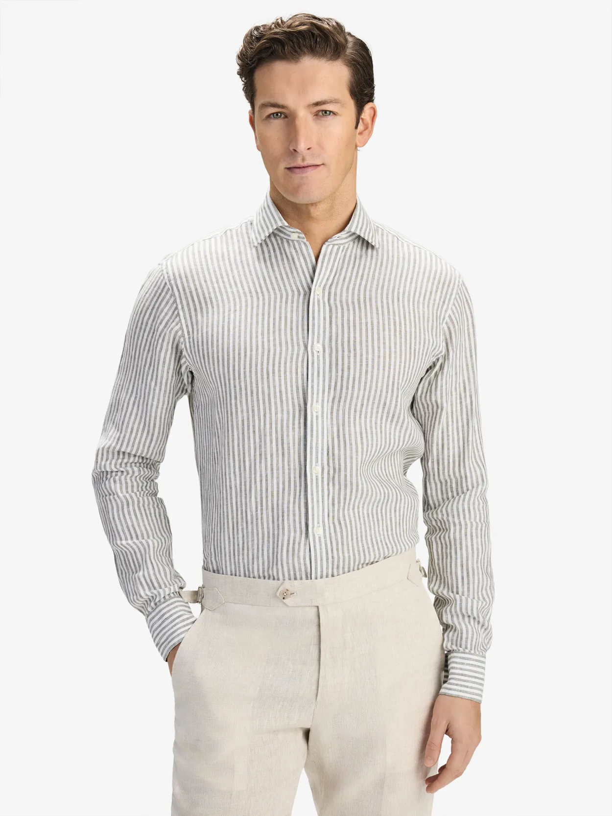 Green Striped Smart Slim Fit Shirt Linen