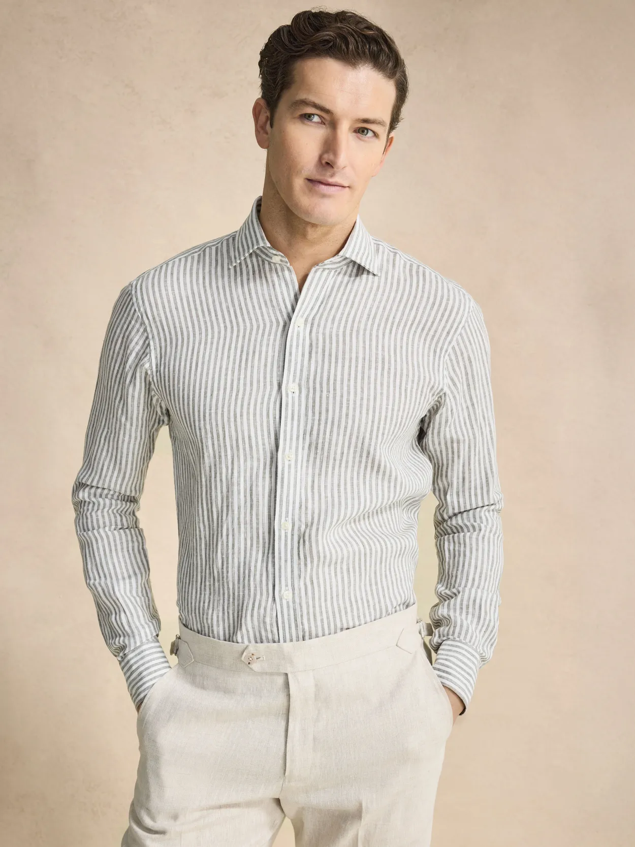 Green Striped Smart Slim Fit Shirt Linen