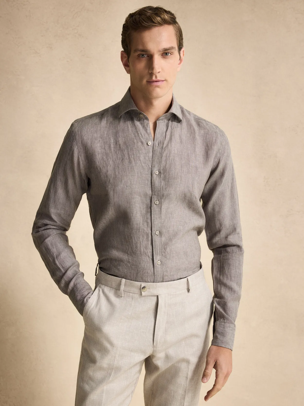 Taupe Slim Fit Hemd Leinen