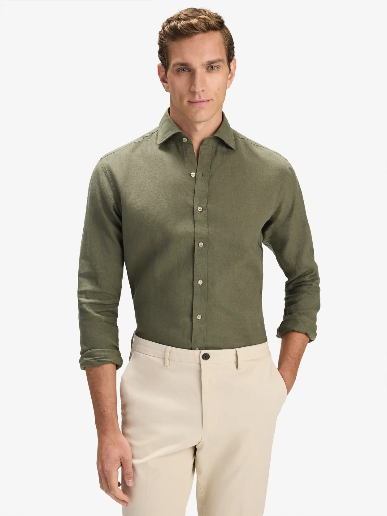 Green Solid Smart Slim Fit Shirt Linen